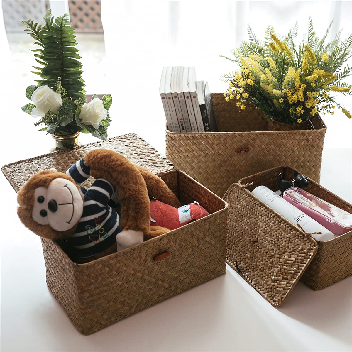 Decorative Wicker Storage Bins with Lids - Set of 3 Stackable Woven Seagrass Baskets (Large, Medium, Small) for Kids Toys, Shelves, Bathroom & Bedroom Organization - Perfect for Home, Nursery & Closet Storage Solutions