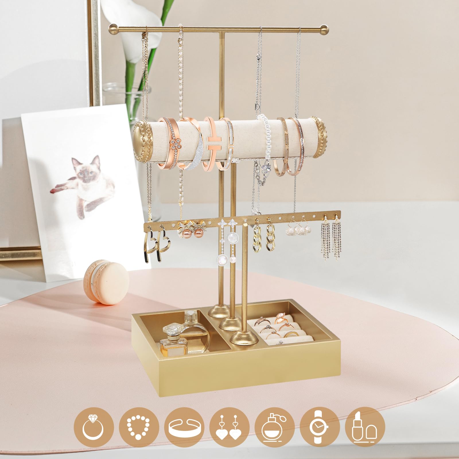 3-Tier Gold Jewelry Organizer Stand - Necklace, Earring, Bracelet & Ring Holder Display Tower | Perfect for Bedroom Vanity, Closet Organization & Jewelry Store Display