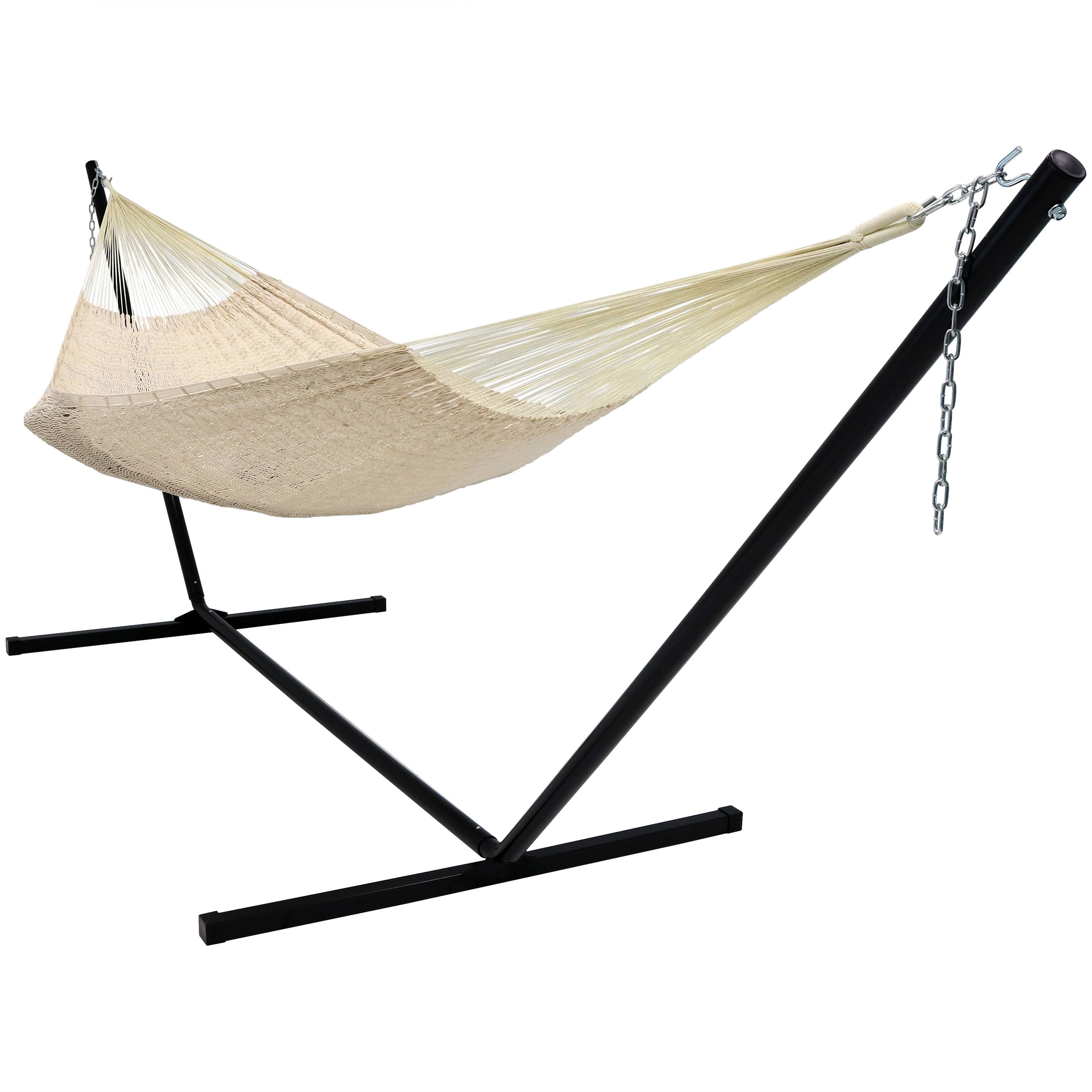 Sunnydaze XXL Thick Cord Mayan Hammock with 15ft Stand - Handwoven Cotton Rope Hammock for Outdoor, Backyard, Beach & Patio Relaxation
