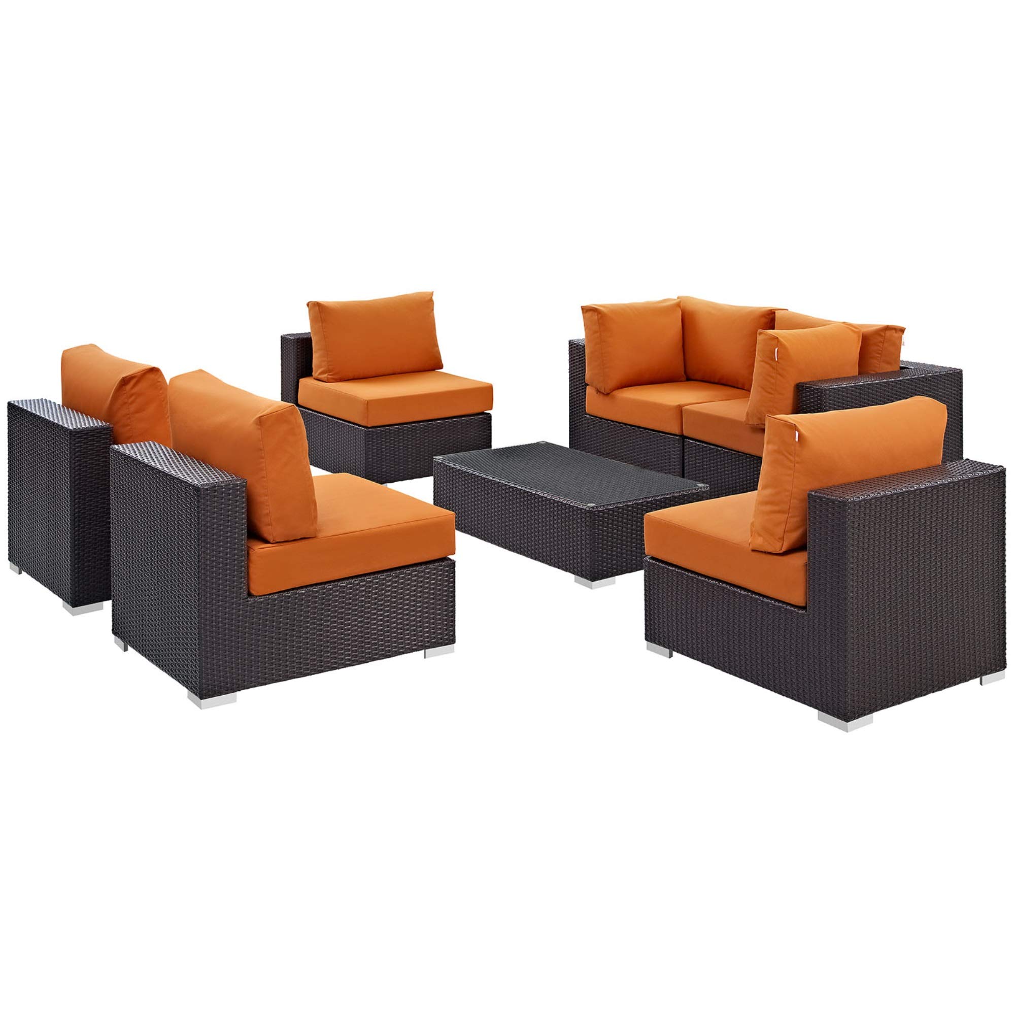 Ergode 7-Piece Outdoor Sectional Sofa Set with All-Weather Cushions - Durable Rattan Wicker Patio Furniture in Espresso & Orange - Perfect for Backyard, Poolside & Garden Relaxation