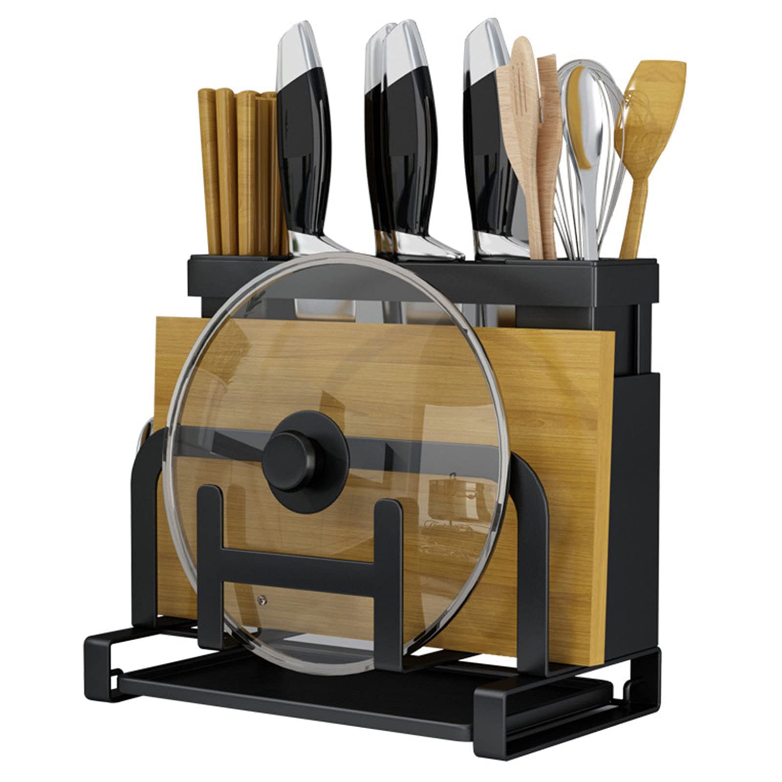 Stainless Steel Knife Block & Cutting Board Holder with Cutlery Basket & Drip Tray - Space-Saving Kitchen Organizer for Knives, Utensils & Dish Drying - Perfect for Countertop Storage in Small Kitchens & RV Cooking