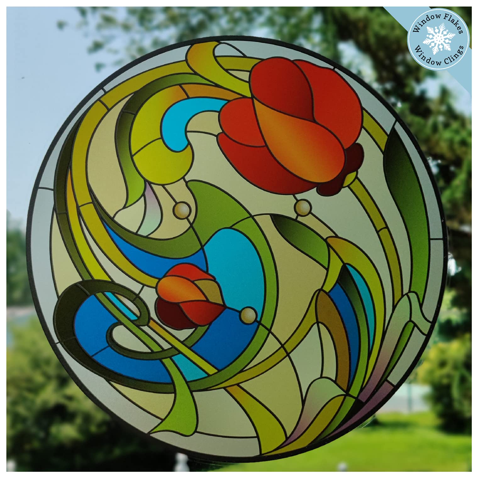 Tulip Flower Stained Glass Window Cling - Vibrant Sun Catcher Stickers for Windows - Bird Strike Prevention Decals for Home & Office Decor