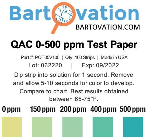 Quaternary Ammonium (QAC) Sanitizer Test Strips 0-500 ppm - 100 Count Vial for Restaurant Food Safety & Surface Disinfection Monitoring