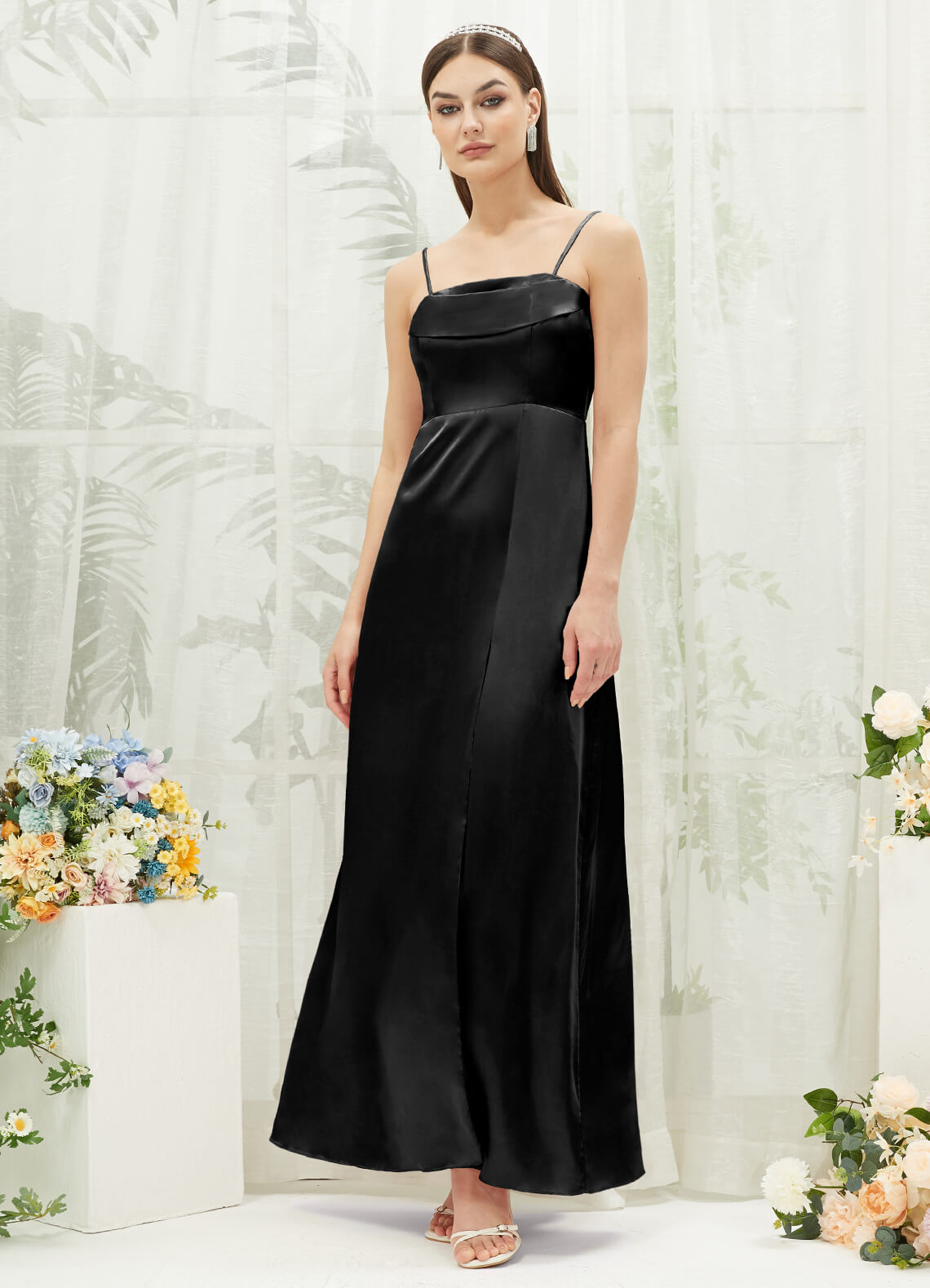 Elegant Black Satin Convertible Slit Maxi Bridesmaid Dress - Formal Evening Gown for Weddings, Prom & Special Occasions