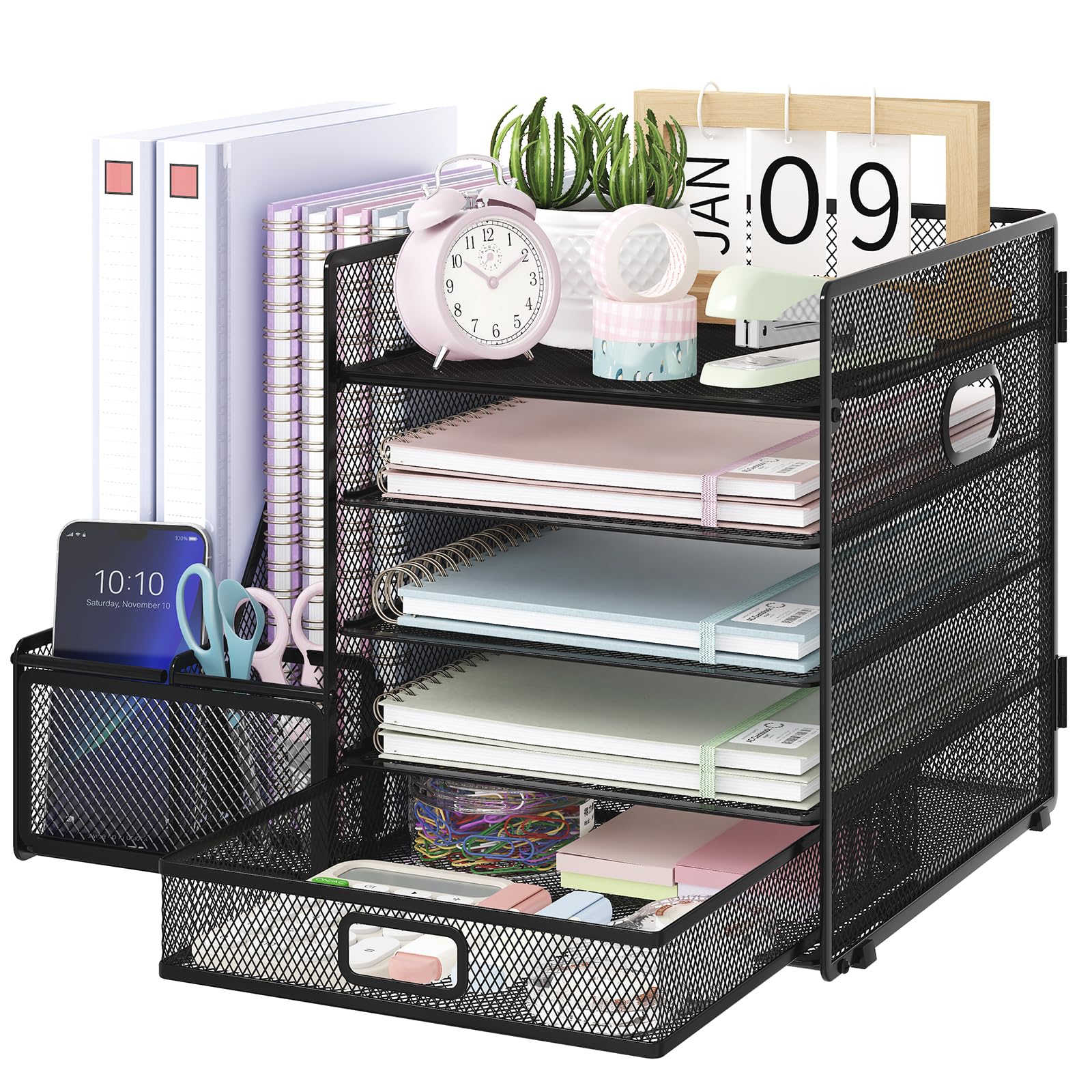 EOOUT 5-Tier Desk File Organizer with Magazine Holder & Drawer - Black Office Desk Accessories Set for Paper, Files, and Supplies - Perfect for Home Office, Workspace, and School Organization