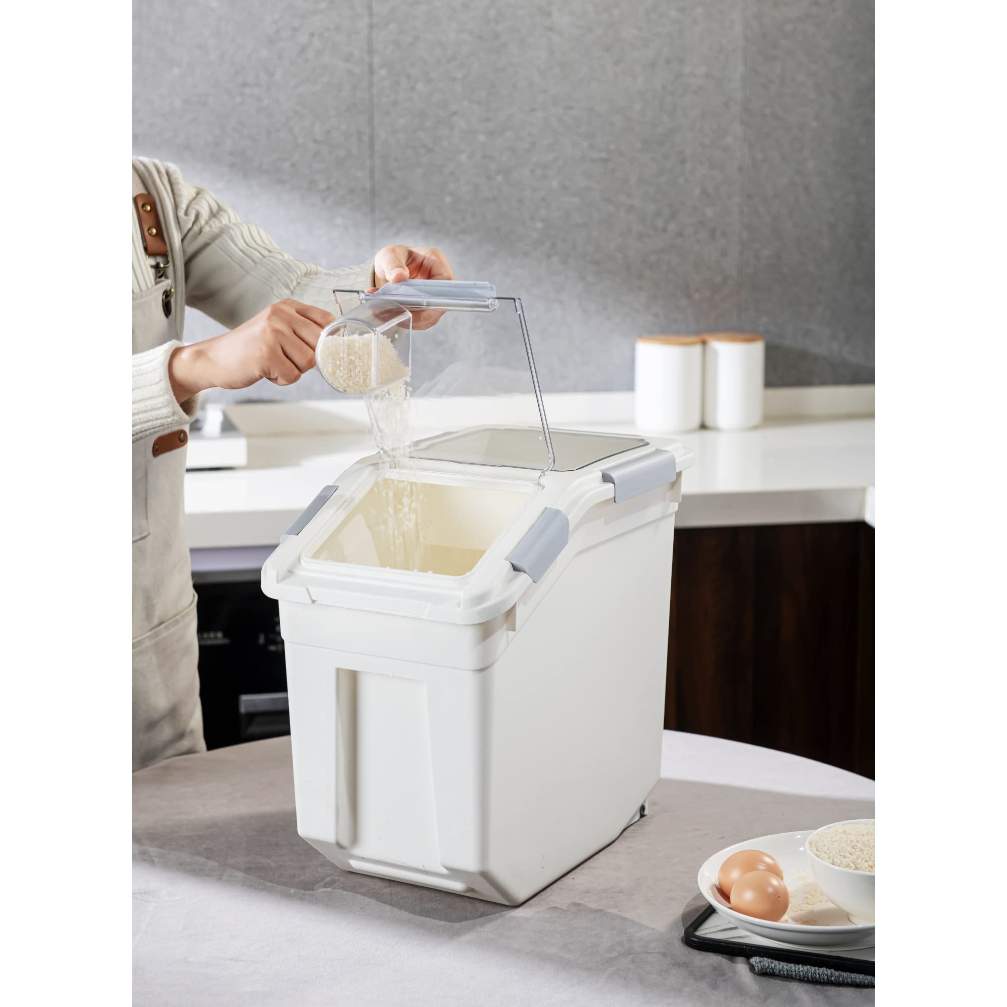 HANAMYA 25 Liter / 40 lbs BPA-Free Rice Storage Container with Measuring Cup - Airtight Food Storage for Rice, Grains, Pet Food & Flour - Perfect for Kitchen Pantry Organization (White, 1 Count)