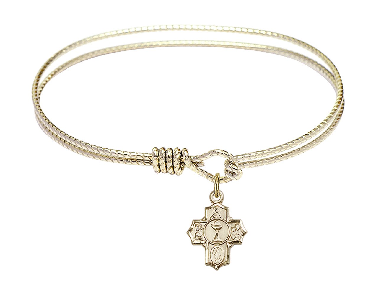 6 1/4 Inch Oval Eye Hook Bangle Bracelet with Communion 5-Way Charm - Elegant Jewelry for Church, Weddings & Special Occasions