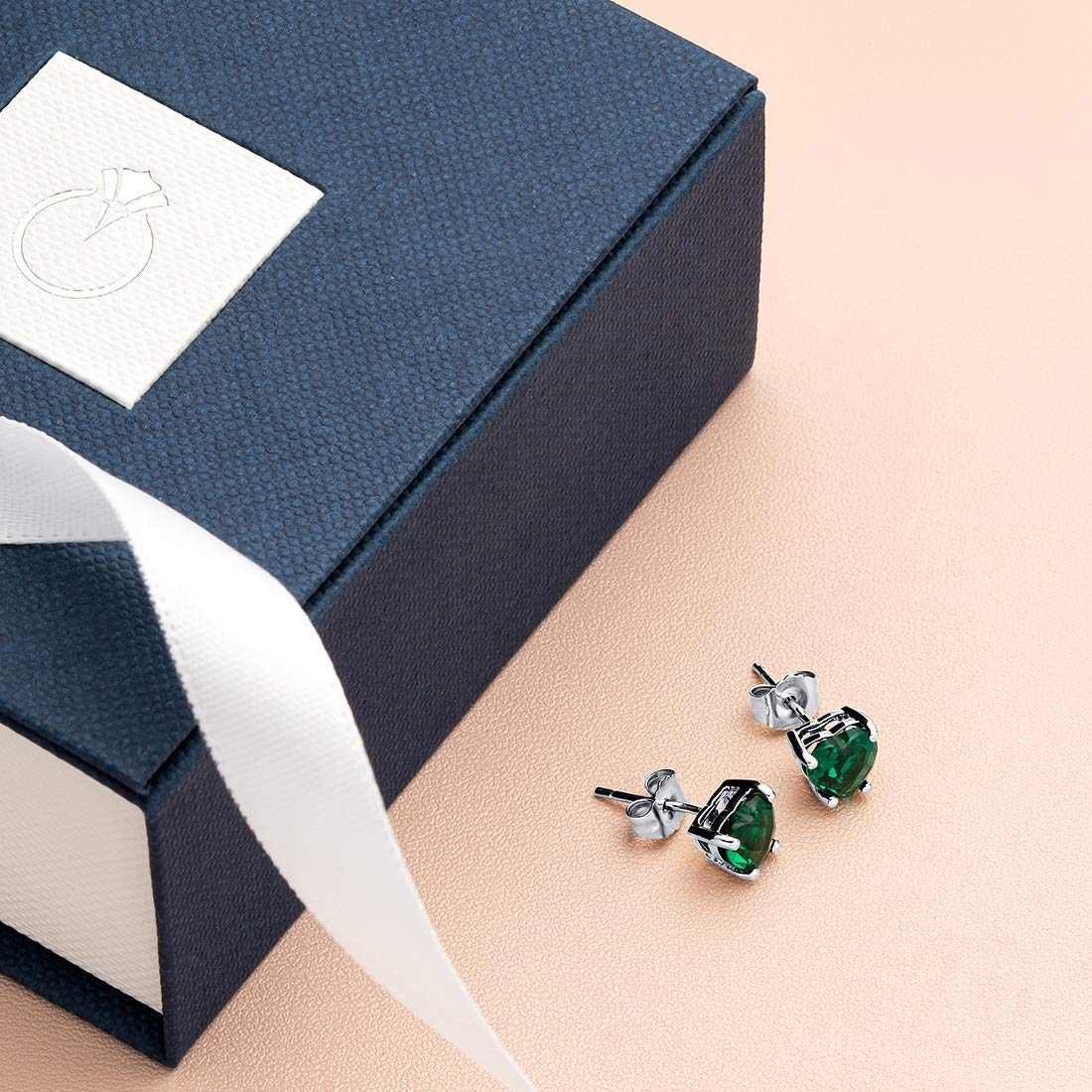 PEORA 14K White Gold Heart Shaped Created Emerald & Diamond Pendant (1 Carat) with Matching Stud Earrings (1.50 Carats) - Elegant Jewelry Set for Valentine's Day, Anniversary & Special Occasion Gifts