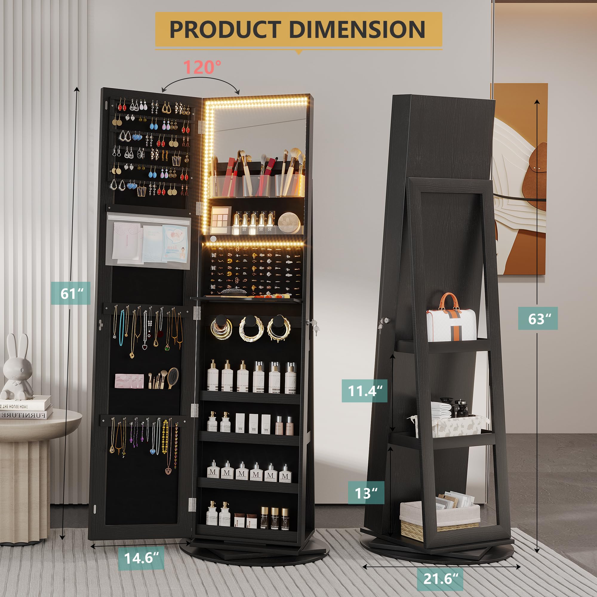 360° Swivel Jewelry Cabinet with LED Lights & Full-Length Mirror - Large Lockable Jewelry Armoire Organizer with Storage Shelves, Free Standing Mirror for Bedroom & Closet (Black) - Perfect for Jewelry Storage, Display & Dressing Room Organization