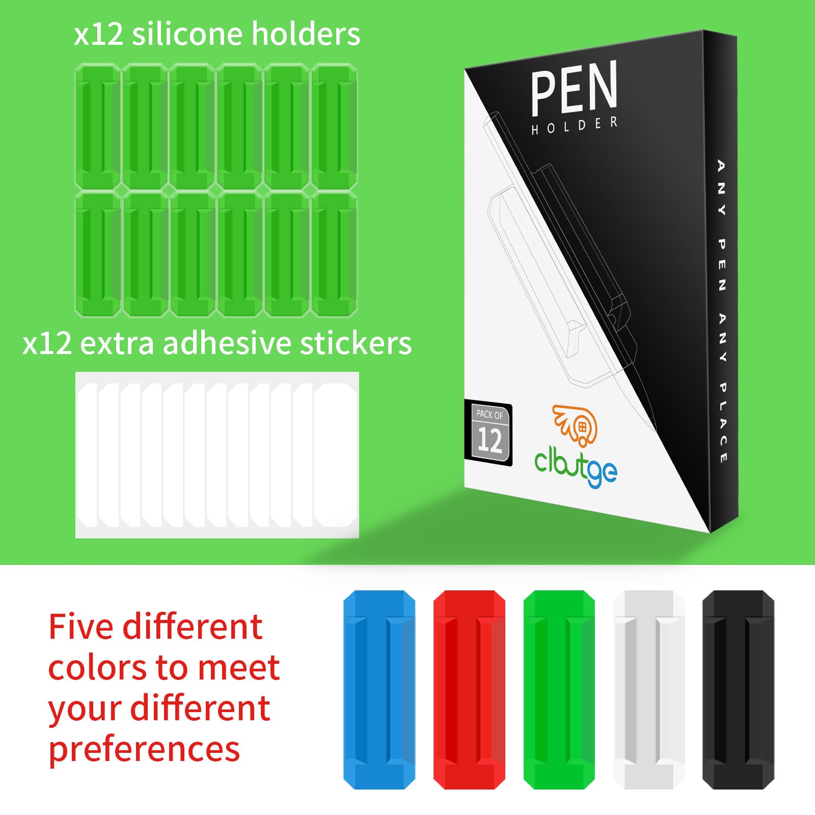 12 Pack Silicone Pen Holder for Desk - Adhesive Pencil Organizer with 12 Extra Stickers, Marker & Stationery Clip for Office, Classroom, Home - Perfect Teacher Supplies & Desk Accessories (Green) - Ideal for Organizing Pens, Pencils, Markers on Desks, Walls, or Any Smooth Surface