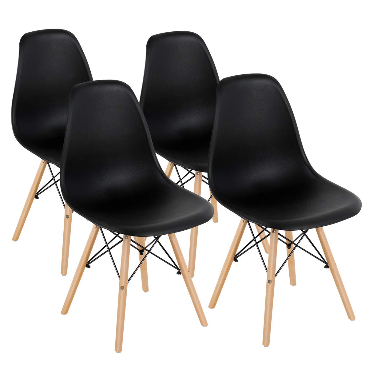 GOFLAME DSW Modern Dining Chairs Set of 4 - Shell Plastic Seats with Wooden Legs, Armless Side Chairs for Kitchen, Living Room & Bedroom - Ergonomic Backrest, Eiffel Style Design in Black - Perfect for Small Spaces & Contemporary Home Decor