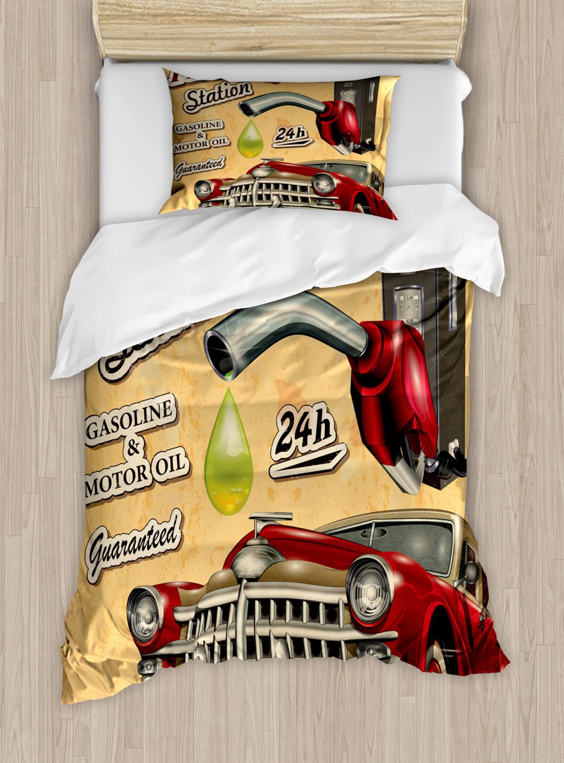 Ambesonne Cars Duvet Cover Set - Realistic Gas Station & Vintage Car Design Art Print - 2 King Size Duvet Covers & 4 Pillowcases - Sand Brown Red - Perfect for Car Enthusiasts' Bedrooms & Themed Decor