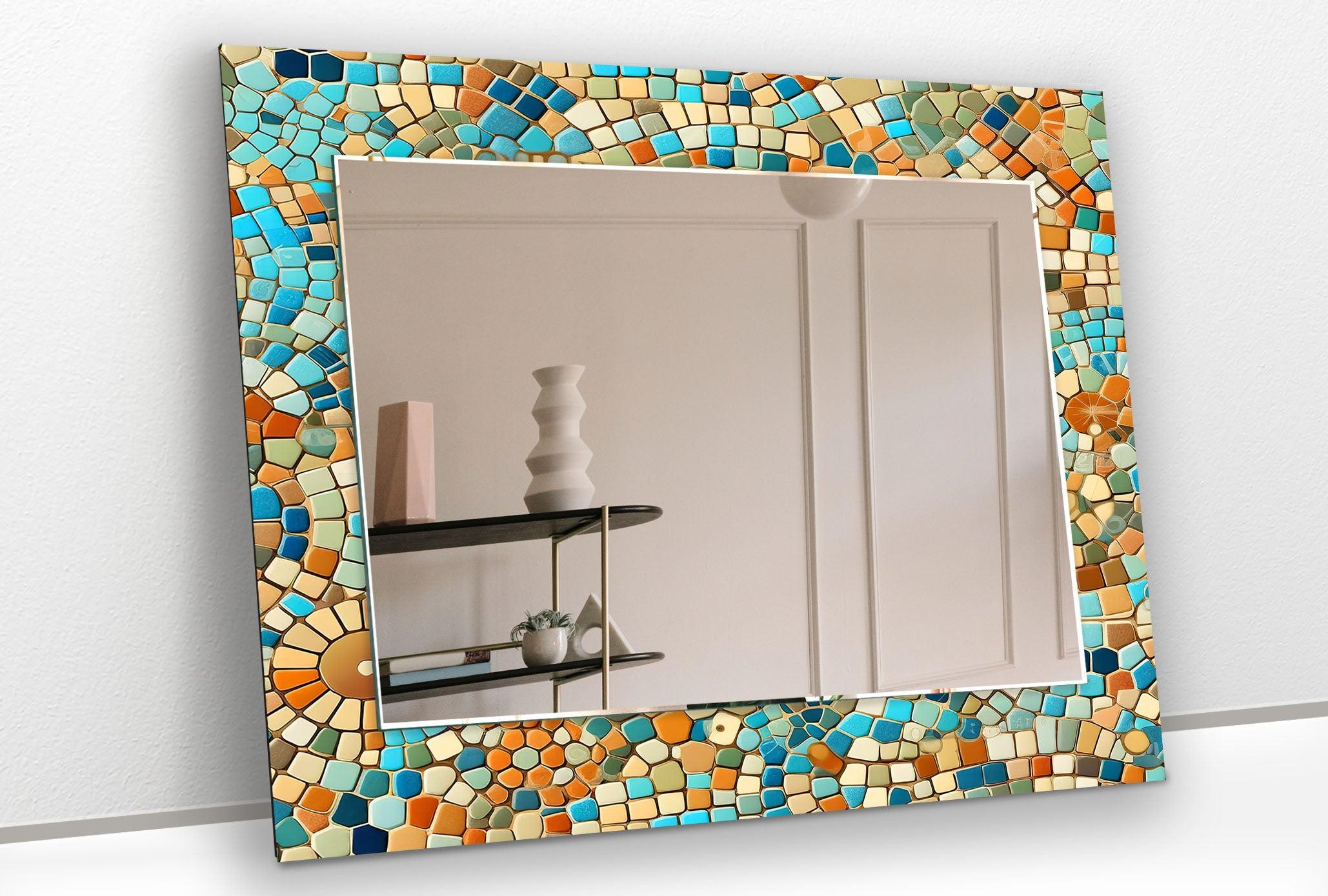 Beige and Blue Mosaic Wall Mirror - Handmade Decorative Bathroom Vanity Mirror - Perfect for Bedroom, Living Room & Entryway Décor