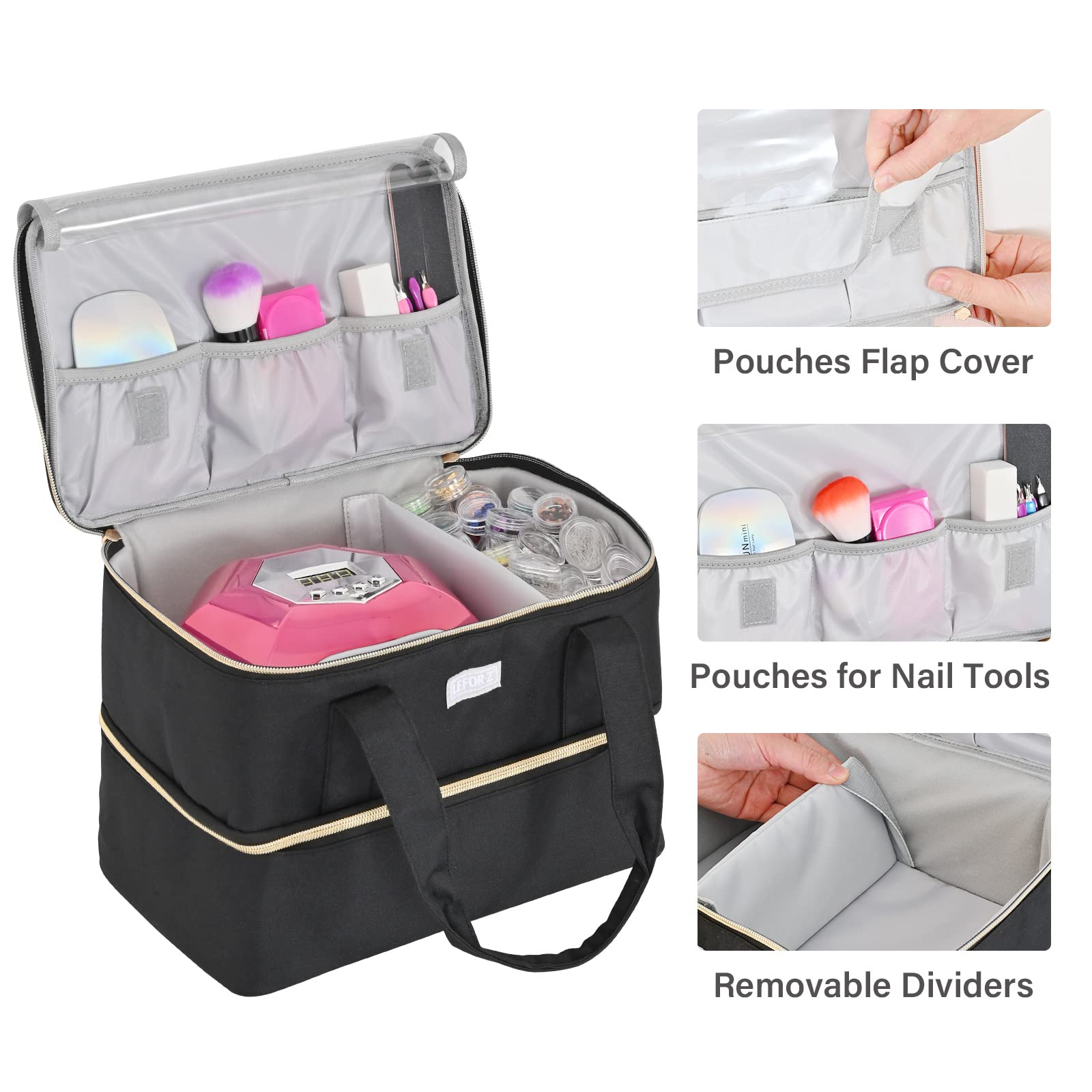 Double-Layer Nail Polish Organizer & Storage Case - Holds 40 Bottles (15ml/0.5oz) & Nail Lamp - Portable Nail Art Supplies Holder for Travel, Salon & Home Manicure Organization