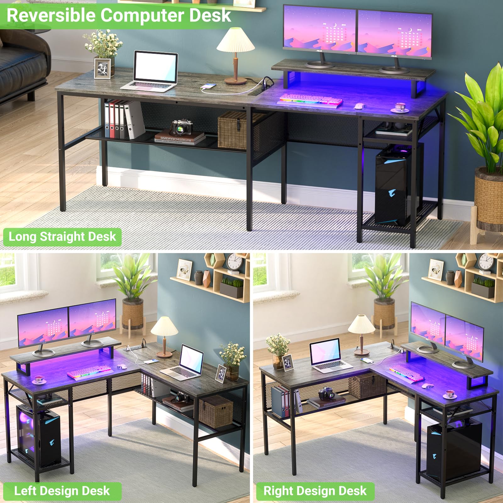 L Shaped Computer Desk with Power Outlets & LED Light - 55 Inch Corner Office Desk with Monitor Stand & Storage - Reversible Gaming Desk in Black Oak - Perfect for Home Office, Gaming Setup & Small Spaces