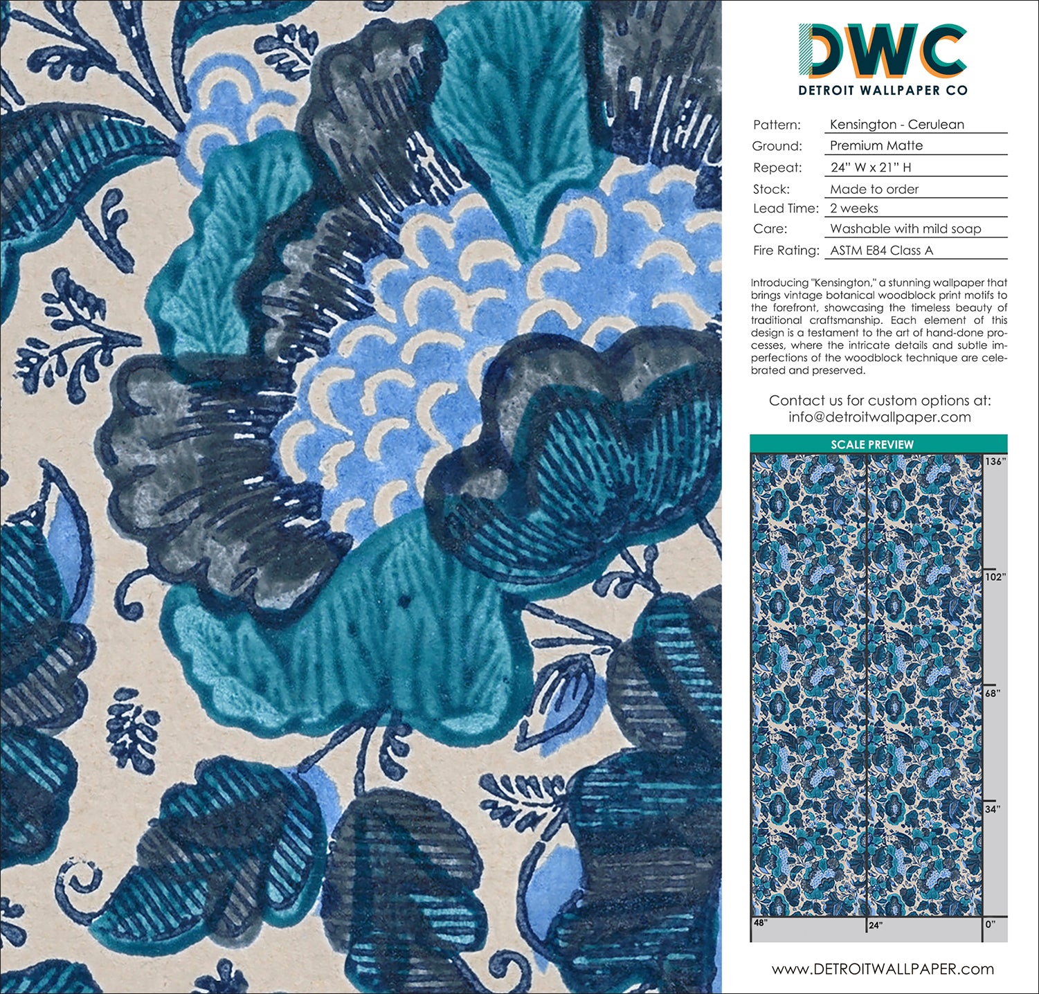 Kensington Cerulean Wallpaper - Premium Peel & Stick Removable Wallpaper for Home Decor - Perfect for Living Room, Bedroom, and Office