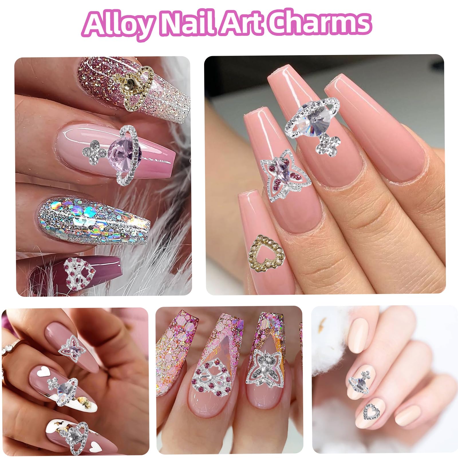 72 Pcs Heart Nail Charms - Shiny Planet Heart, Butterfly Metal Charms & Gems for Nail Art DIY - Silver Gold Heart Crown Nail Decorations - Perfect for Manicures, Nail Extensions & Creative Nail Designs