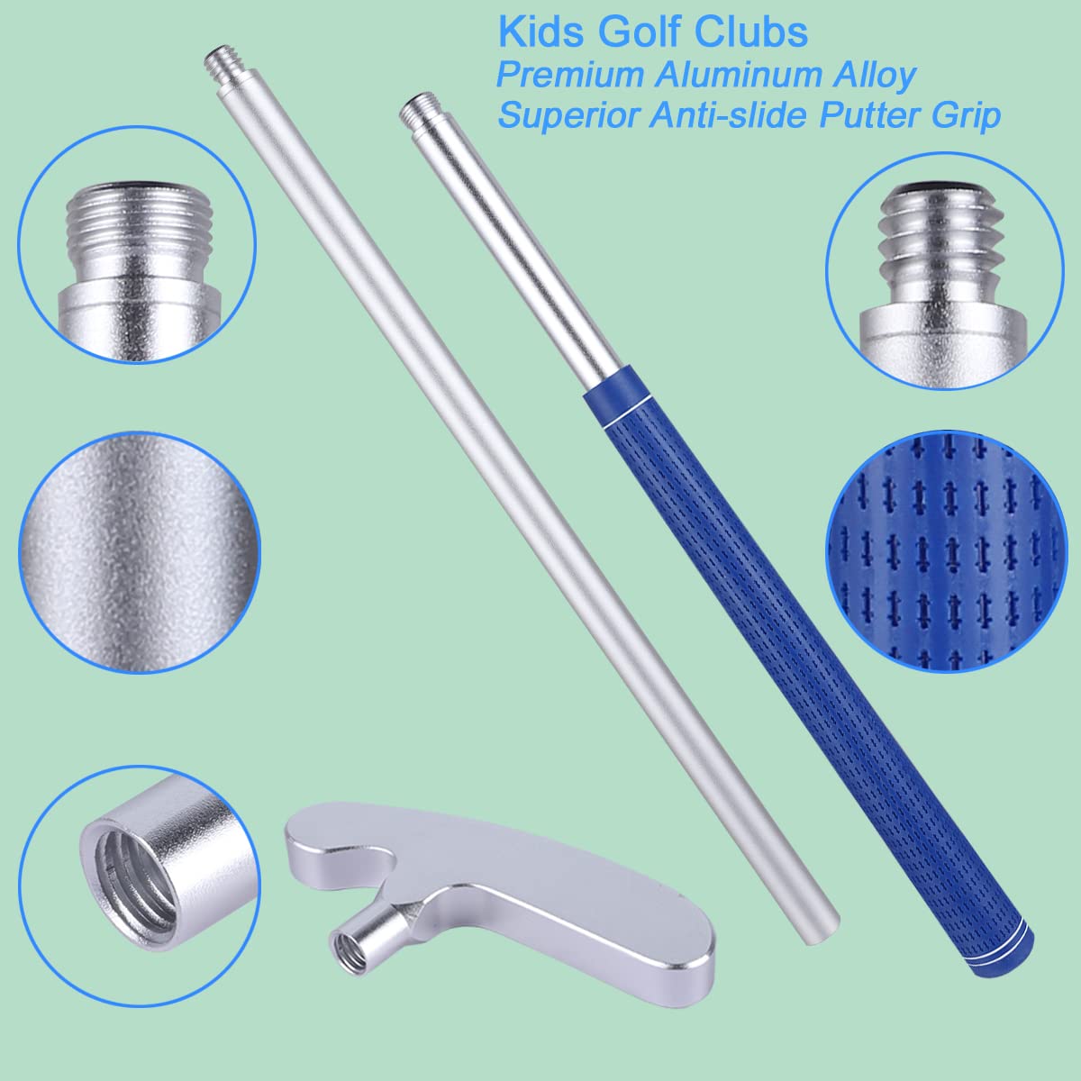 **Kids Golf Clubs Set - 6063 Aluminum Alloy Right/Left Handed Putter with 5 Plastic Golf Balls for Boys & Girls Ages 5-9 - Indoor & Outdoor Mini Golf Gift for Birthday, Backyard, School PE Class (Silver)**