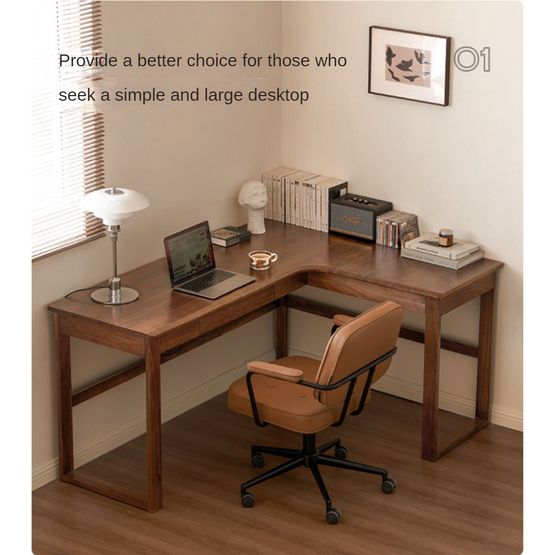 Solid Black Walnut & Oak Wood Corner Desk Bookshelf - Stylish Home Office Storage for Books, Decor & Essentials