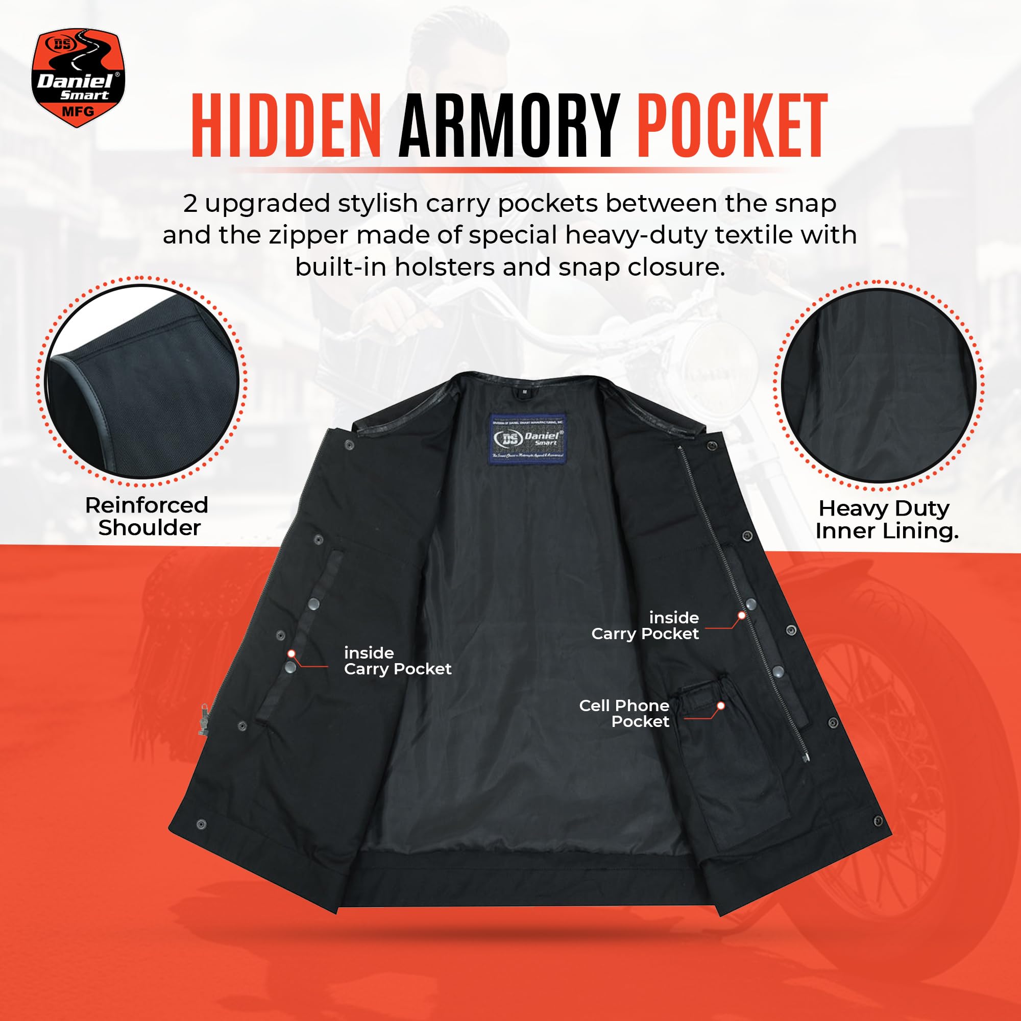 Daniel Smart Men’s Motorcycle Vest - Black Textile with Leather Trim, Concealed Armory Pocket | Stylish & Protective Riding Gear for Bikers & Outdoor Enthusiasts