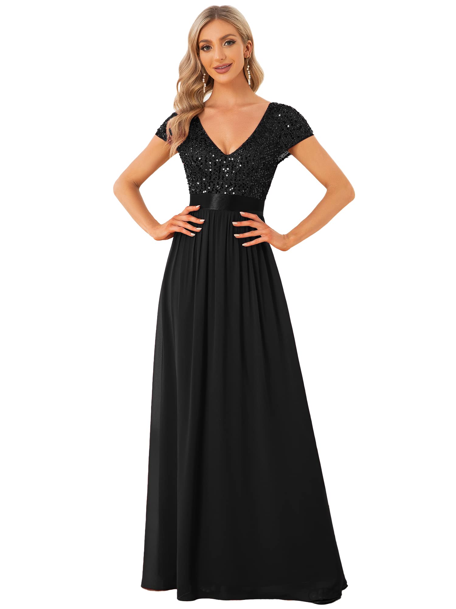 Ever-Pretty Women's Sparkly Sequin Maxi Evening Dress - Round Neck Long Formal Gown 0683 for Prom, Wedding Guest, Black Tie Events & Special Occasions