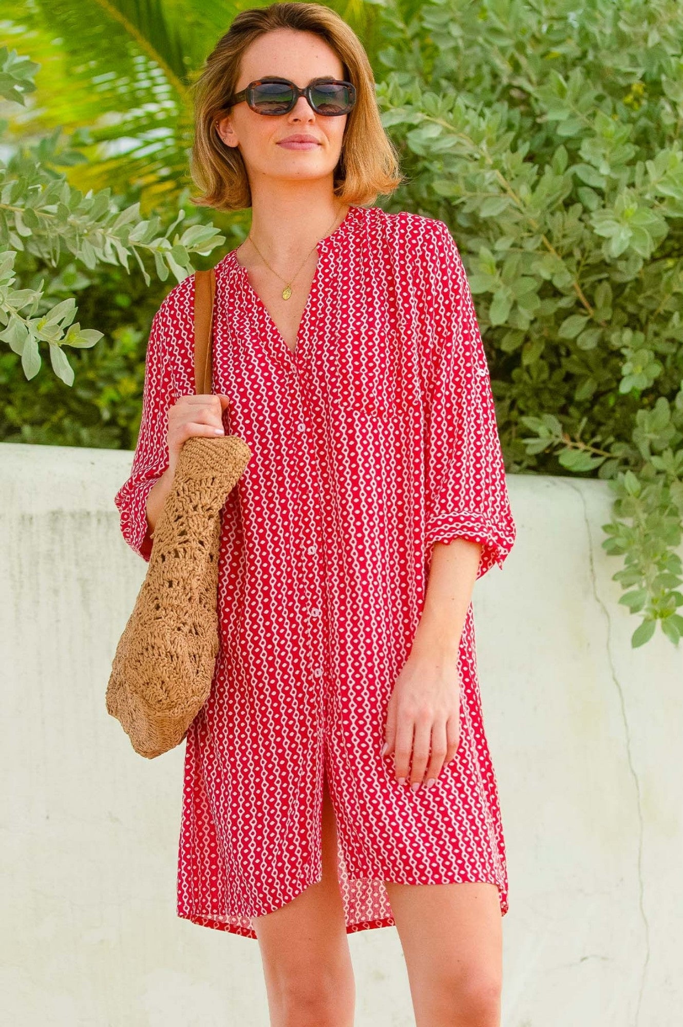 Mila Shirt Tunic for Women - Santorini Red & White Floral Print Summer Blouse | Perfect for Beach Vacations, Date Nights & Office Wear