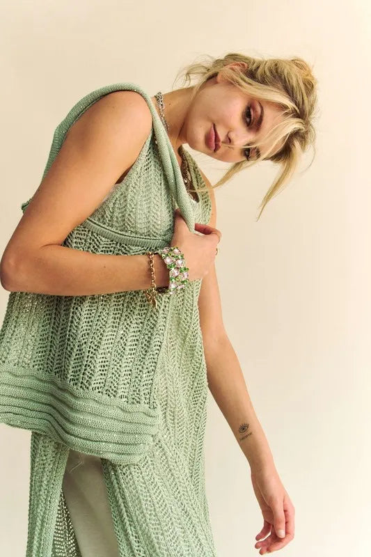 Boho Knit Sleeveless Dress with Side Slit & Matching Bag - Sage Green Beach Cover Up for Summer Vacation, Music Festival, and Casual Outings
