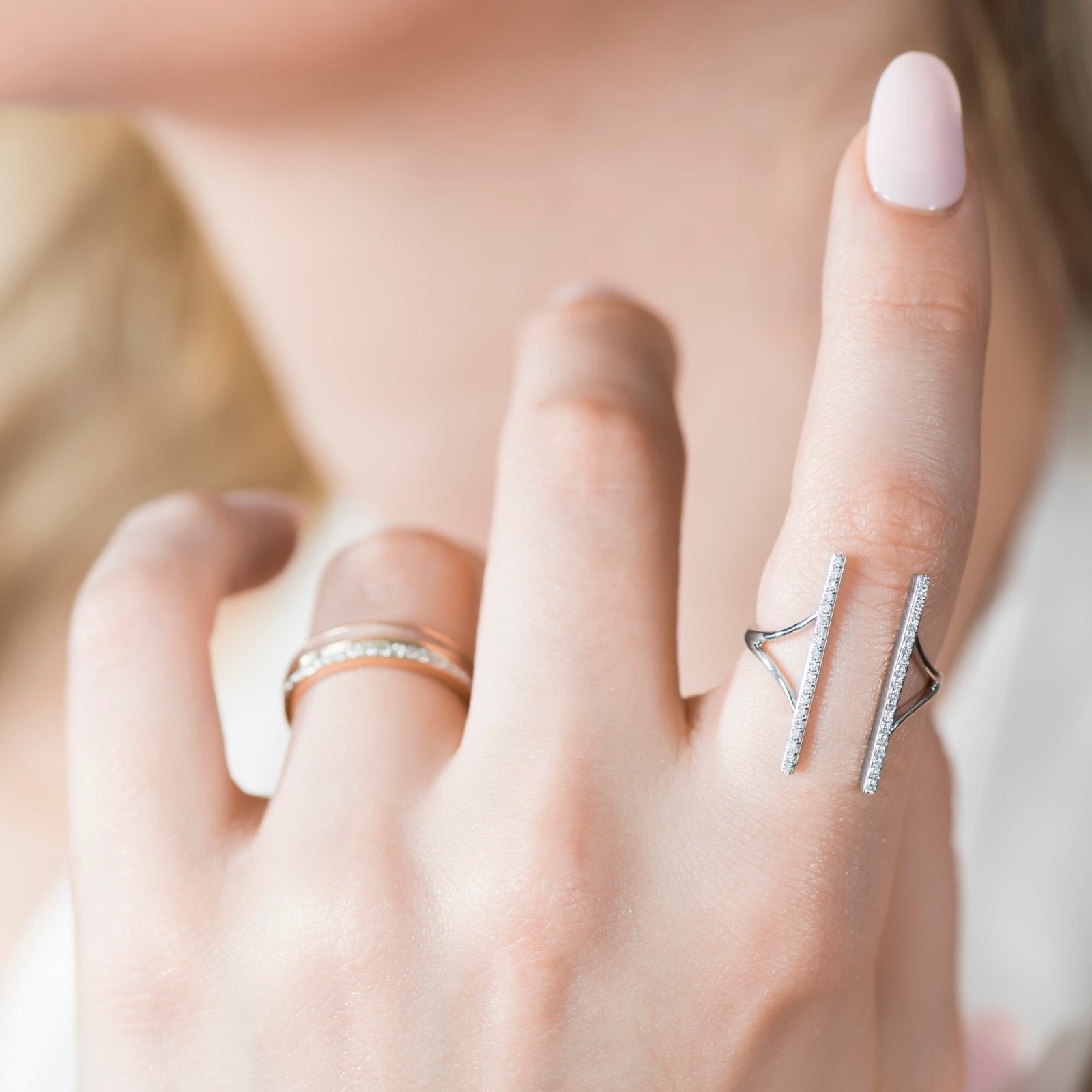14K Rose Gold Diamond Double Bar Wrap Around Cocktail Ring for Women - Elegant Party, Wedding, Evening Wear Jewelry