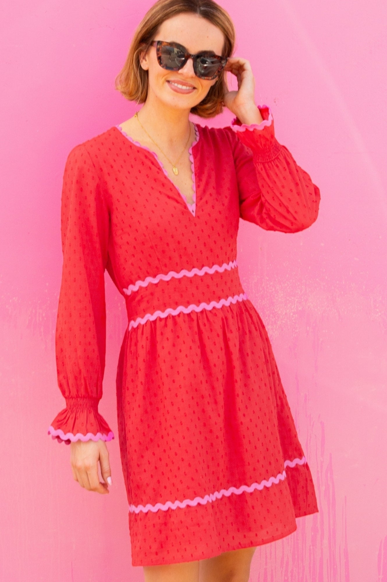 Organic Cotton Ric Rac Dobby Short Dress for Women - Red & Pink Floral Print - Perfect for Summer Outings, Beach Vacations & Casual Wear