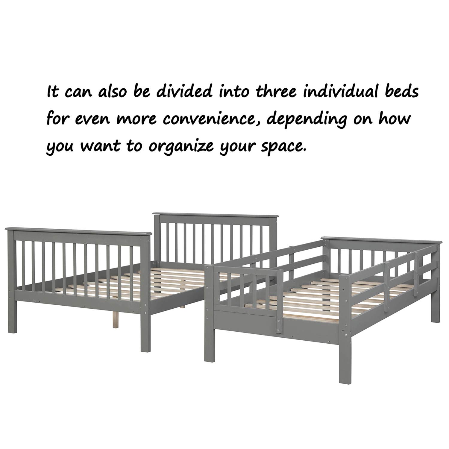 P PURLOVE Twin Over Full Bunk Bed with Twin Trundle - Sturdy Bunk Bed Frame with Stairway Storage & Safety Rails - Space Saving Solution for Bedroom, Dorm, Kids Room & Small Spaces (Gray) - Perfect for Sleepovers, Guest Rooms & Shared Bedrooms