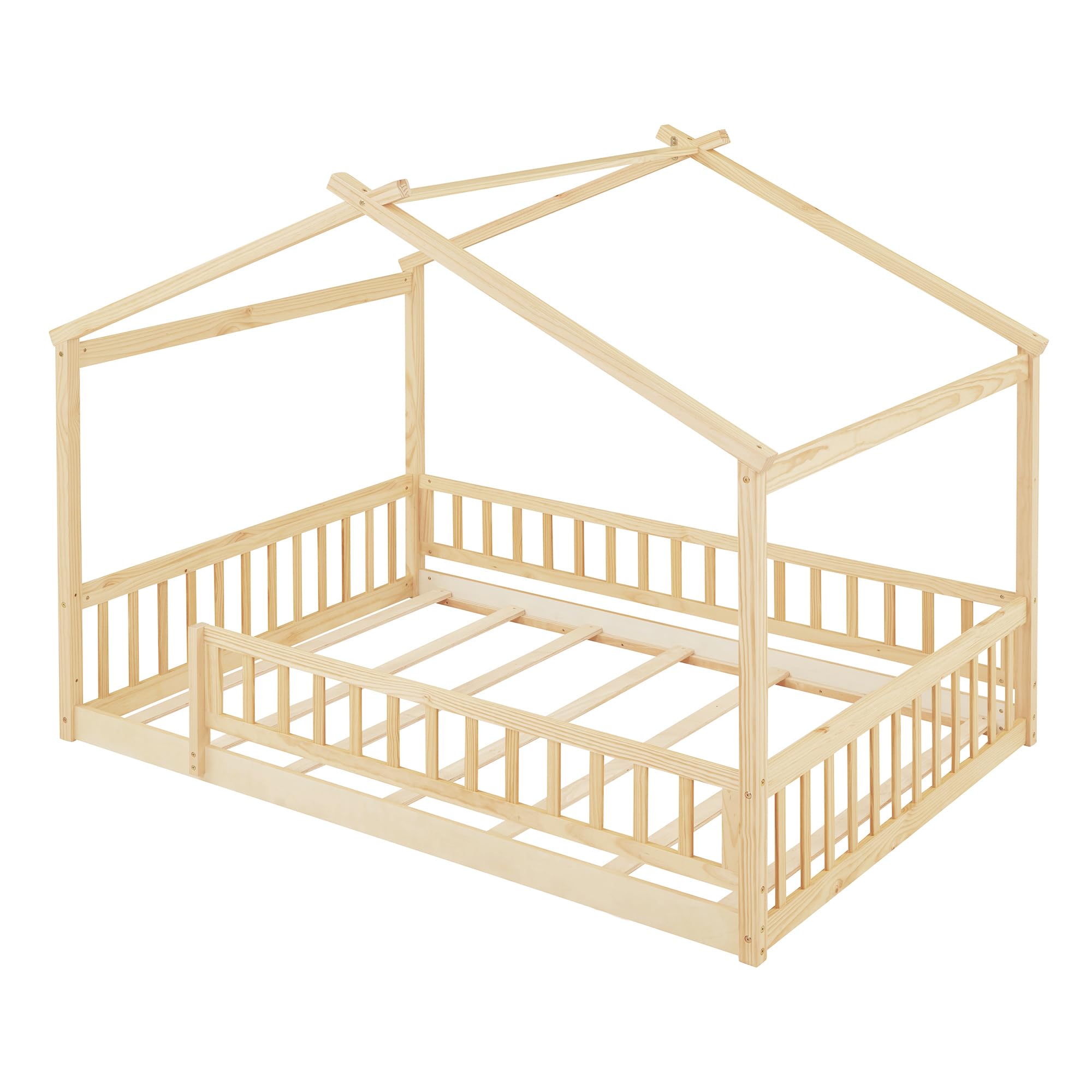 Montessori Floor Bed for Kids - Full Size Wood House Bed Frame with Safety Fence | Natural Wood Playhouse Bed | Toddler Floor Bed for Safe Sleep & Playtime Fun