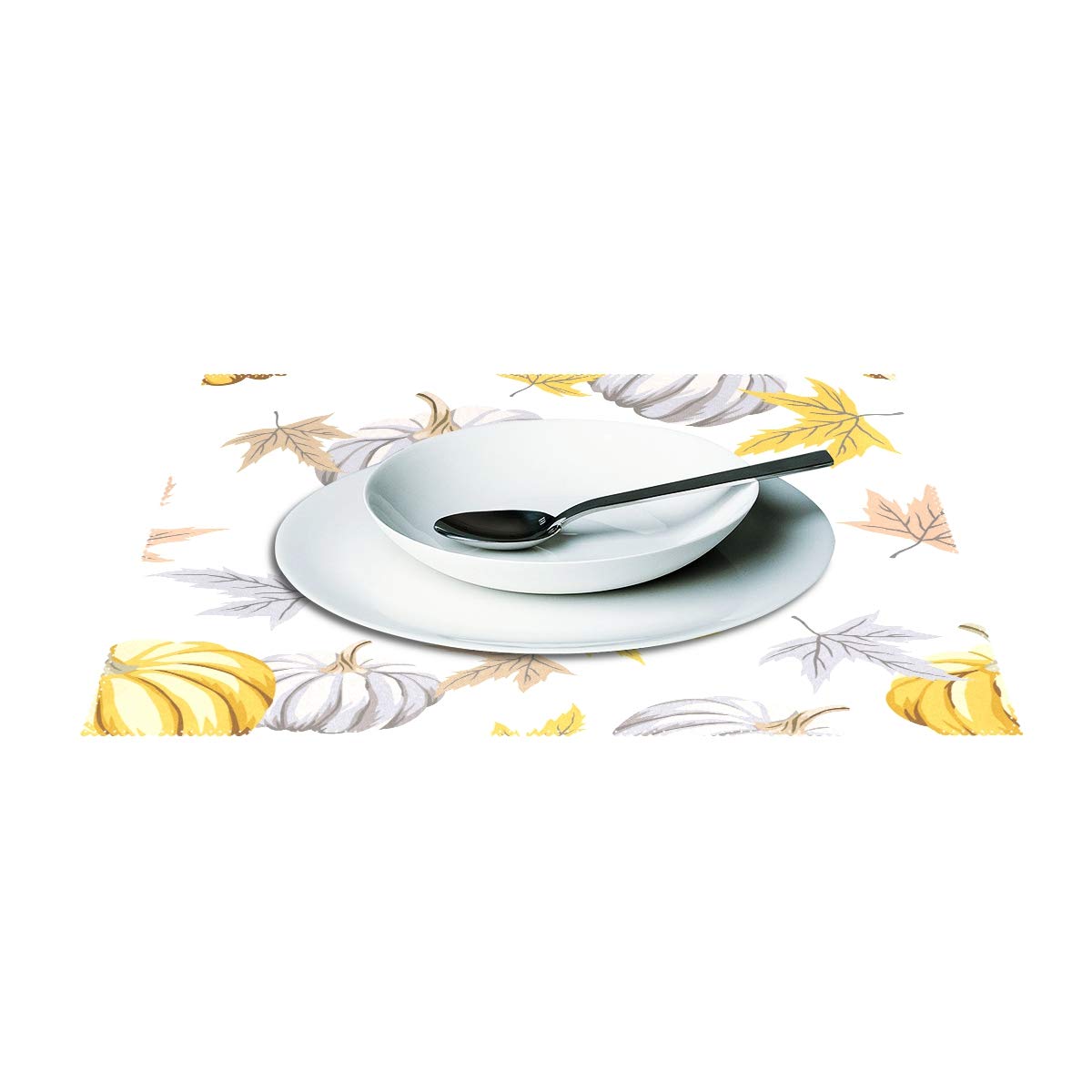 MOYYO Heat Resistant Non-Slip Polyester Placemats - Set of 4 Gray Pumpkin & Autumn Leaves Design, Washable & Easy Clean for Dining Table, Kitchen Decor | Perfect for Fall Thanksgiving Dinner & Holiday Table Setting