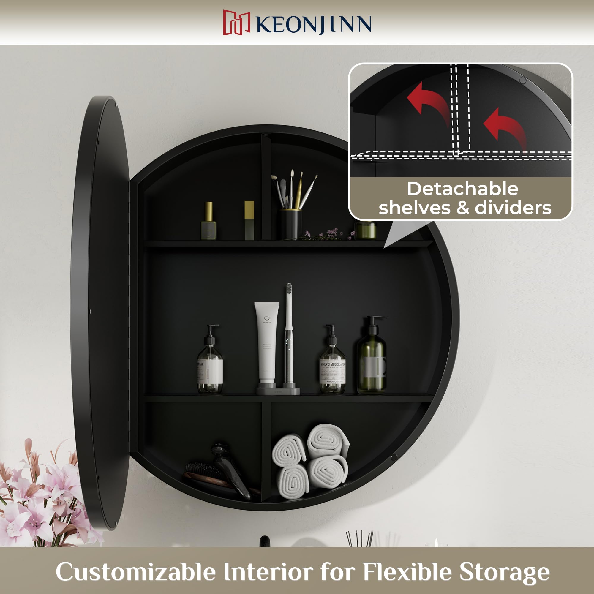 Keonjinn 26 Inch Round Black Medicine Cabinet with Mirror - Surface Mount Metal Frame Bathroom Storage - Farmhouse Style Wall Mounted Vanity Mirror with Detachable Shelves for Bathroom, Bedroom & Entryway Organization