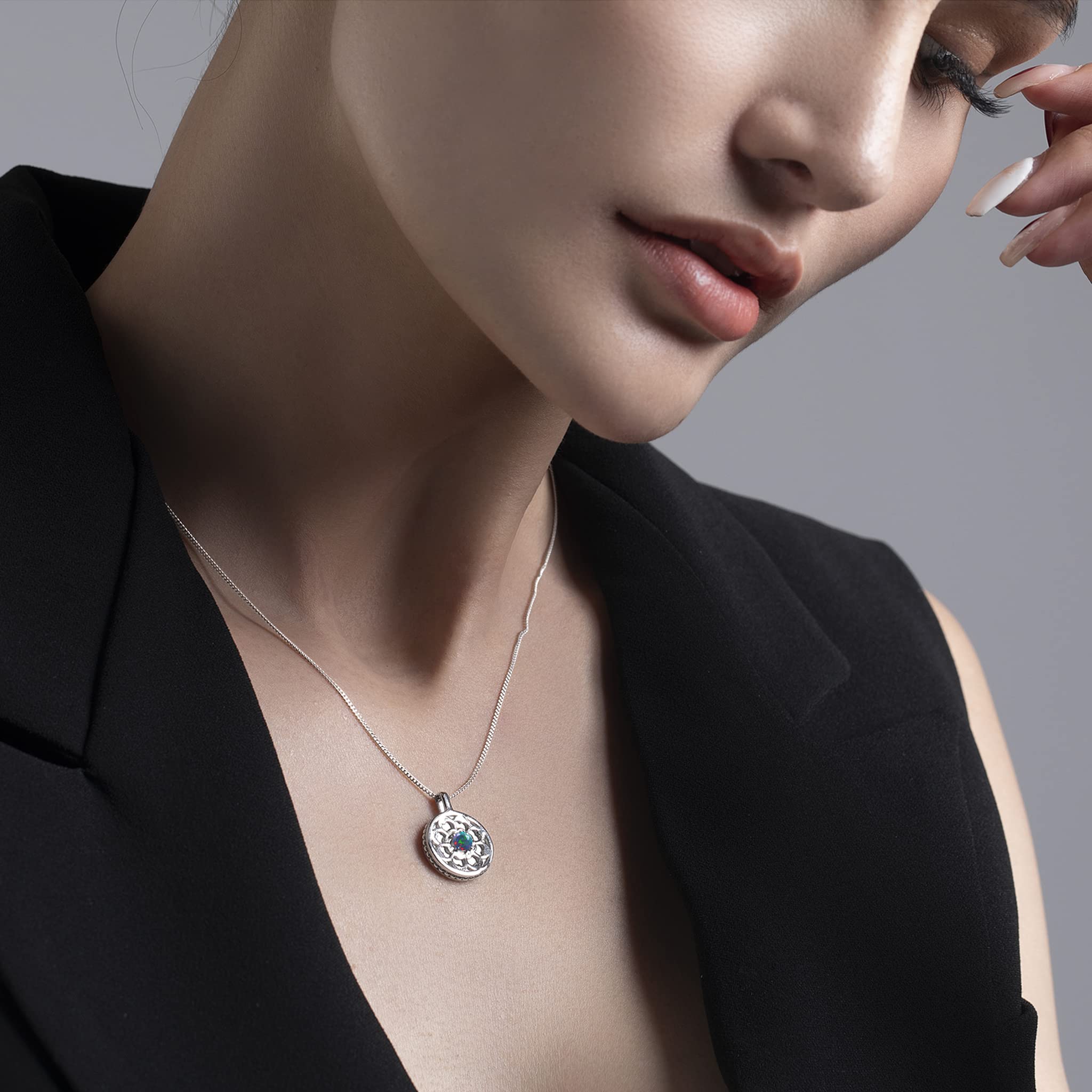 Black Opal Coin Necklace Pendant - Personalized Custom Initial Engraved Medallion - October Birthstone Alternative Jewelry - Perfect Gift for Women, Birthday, Anniversary & Special Occasions