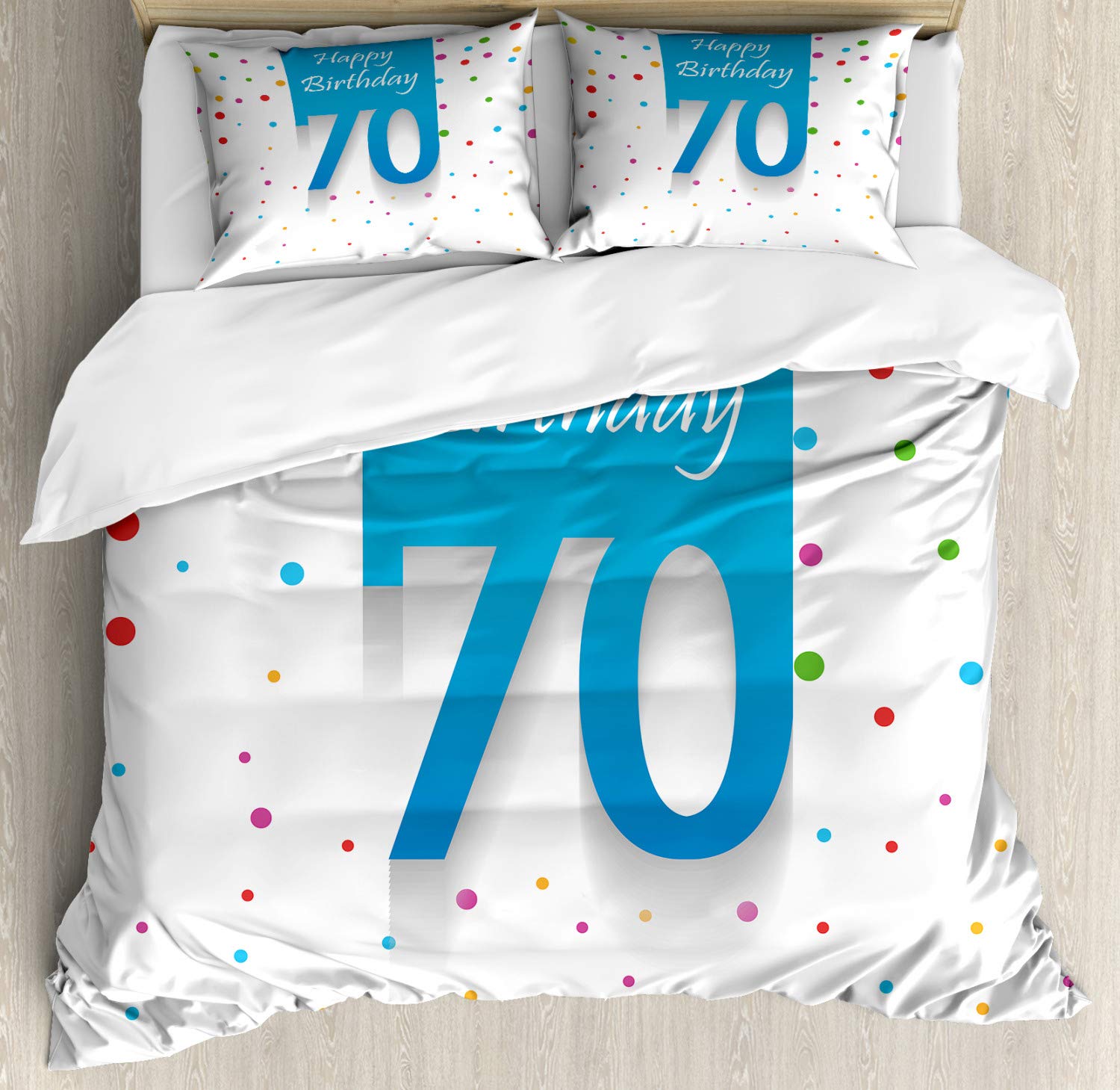 Ambesonne 70th Birthday Duvet Cover Set - Colorful Polka Dots & Happy 70th Birthday Text - 3 Piece Bedding Set with 2 Pillow Shams - California King Size - Multicolor - Perfect for Birthday Celebrations & Guest Room Decor