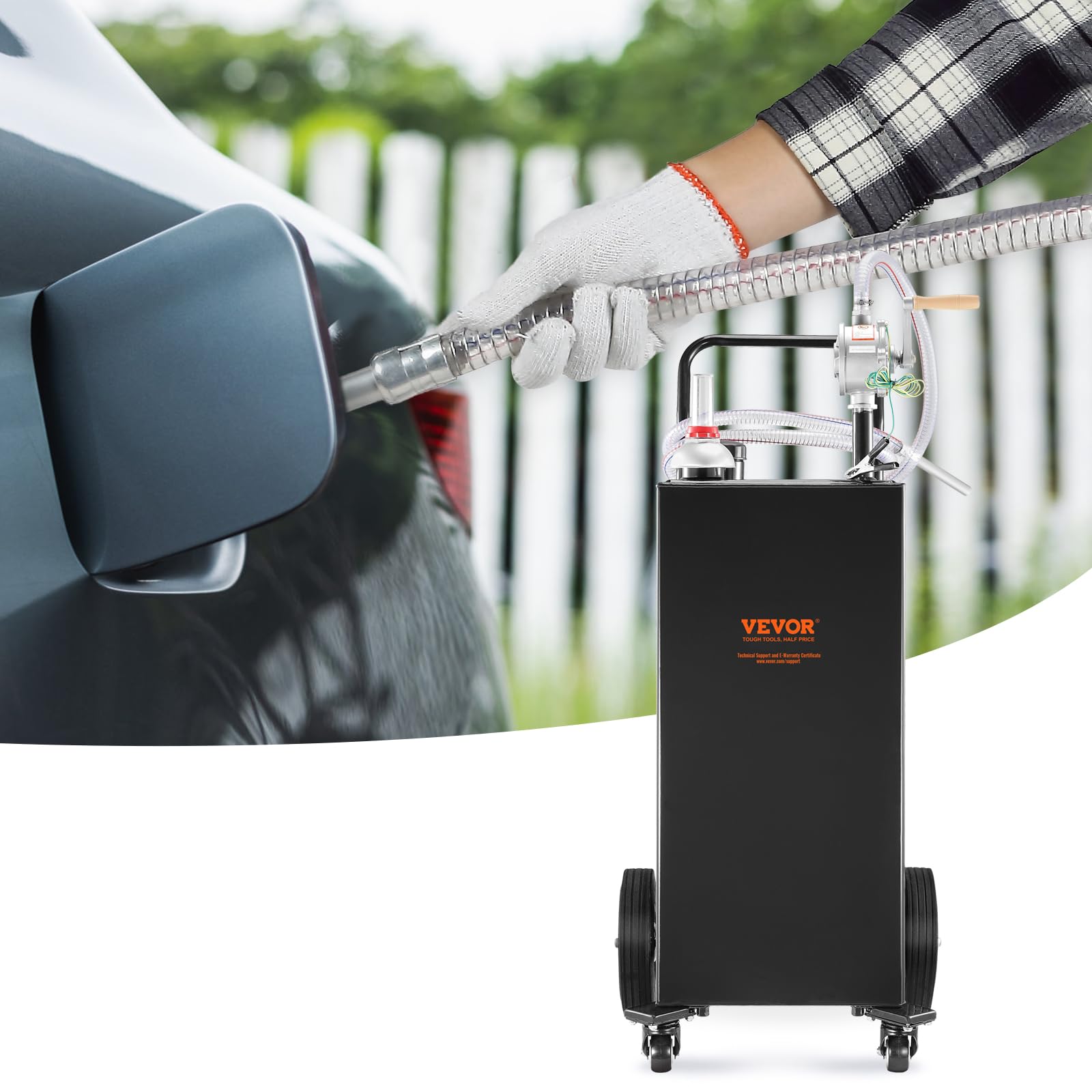 VEVOR 30 Gallon Fuel Caddy with Manual Transfer Pump - Portable Gasoline & Diesel Storage Tank on 4 Wheels - Heavy Duty Fuel Container for Cars, Trucks, Lawn Mowers, ATVs, Boats - Ideal for Home, Farm & Worksite Use