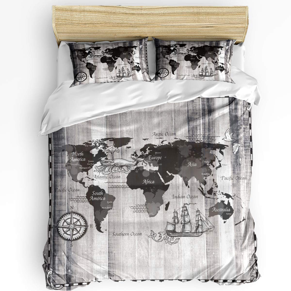 YEHO Art Gallery King Size Funny 3 Piece Duvet Cover Set - Super Soft Retro World Map Print Bedding for Kids, Boys & Girls - Includes 1 Duvet Cover + 2 Pillowcases - Perfect for Bedrooms, Sleepovers & Themed Rooms