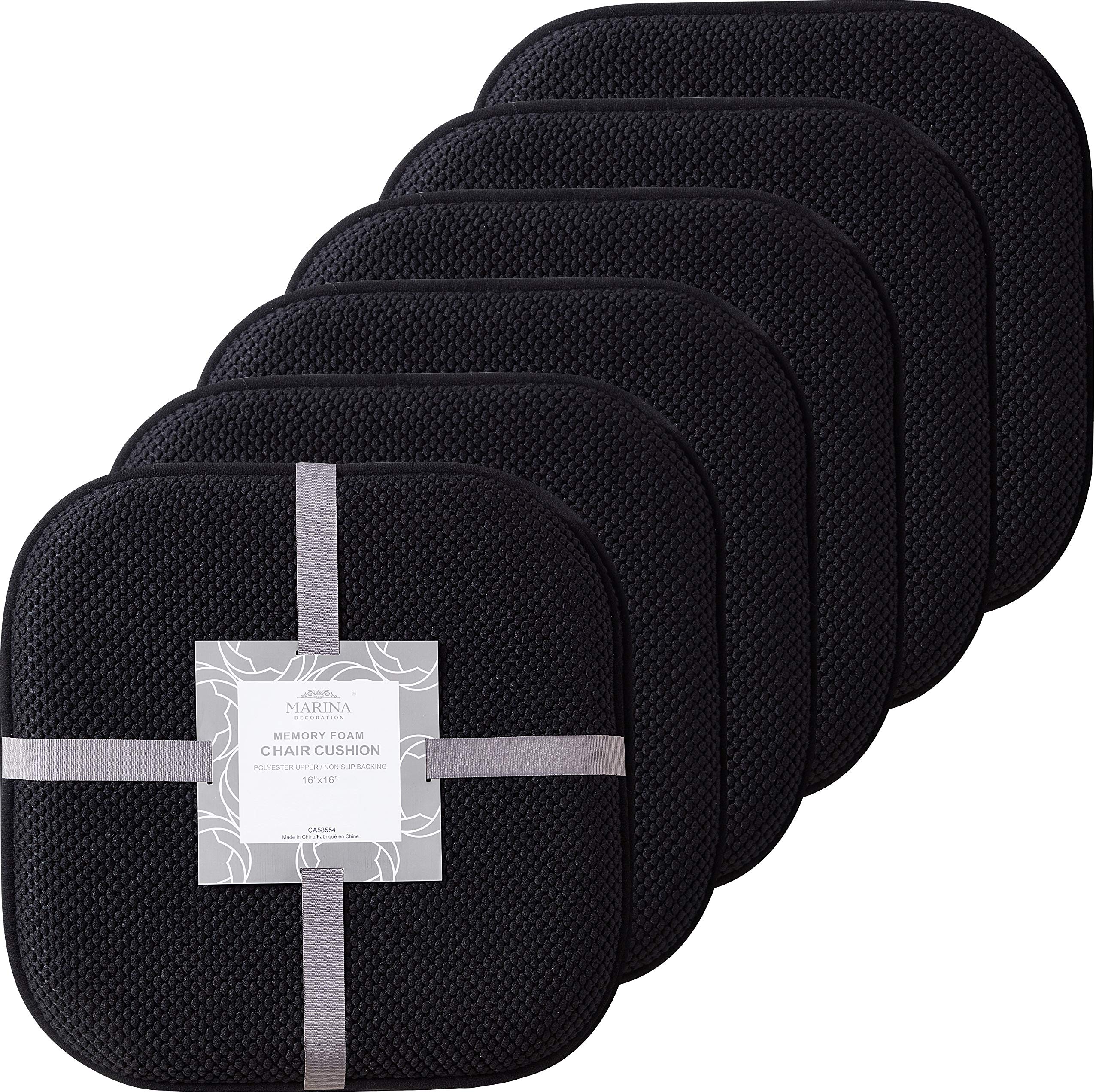Premium Memory Foam Chair Cushions - 16x16 Inch Thick Comfortable Seat Pads with Honeycomb Design & Non-Slip Rubber Back - Set of 6 Black Kitchen Chair Covers for Dining Room, Office, and Patio Furniture