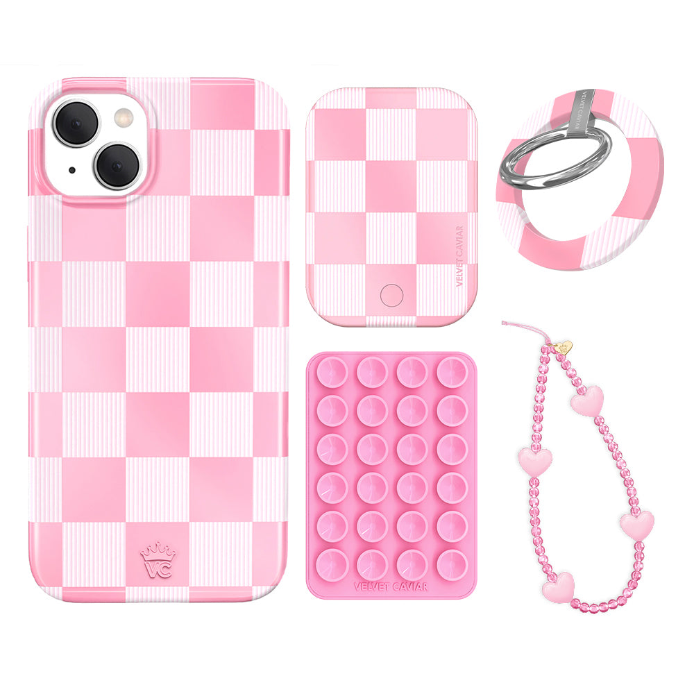 Pink Vibe Checkered iPhone Case with Grip - Trendy Protective Phone Cover for iPhone 13/14/15 Pro Max - Perfect for Everyday Use, Travel & Selfies