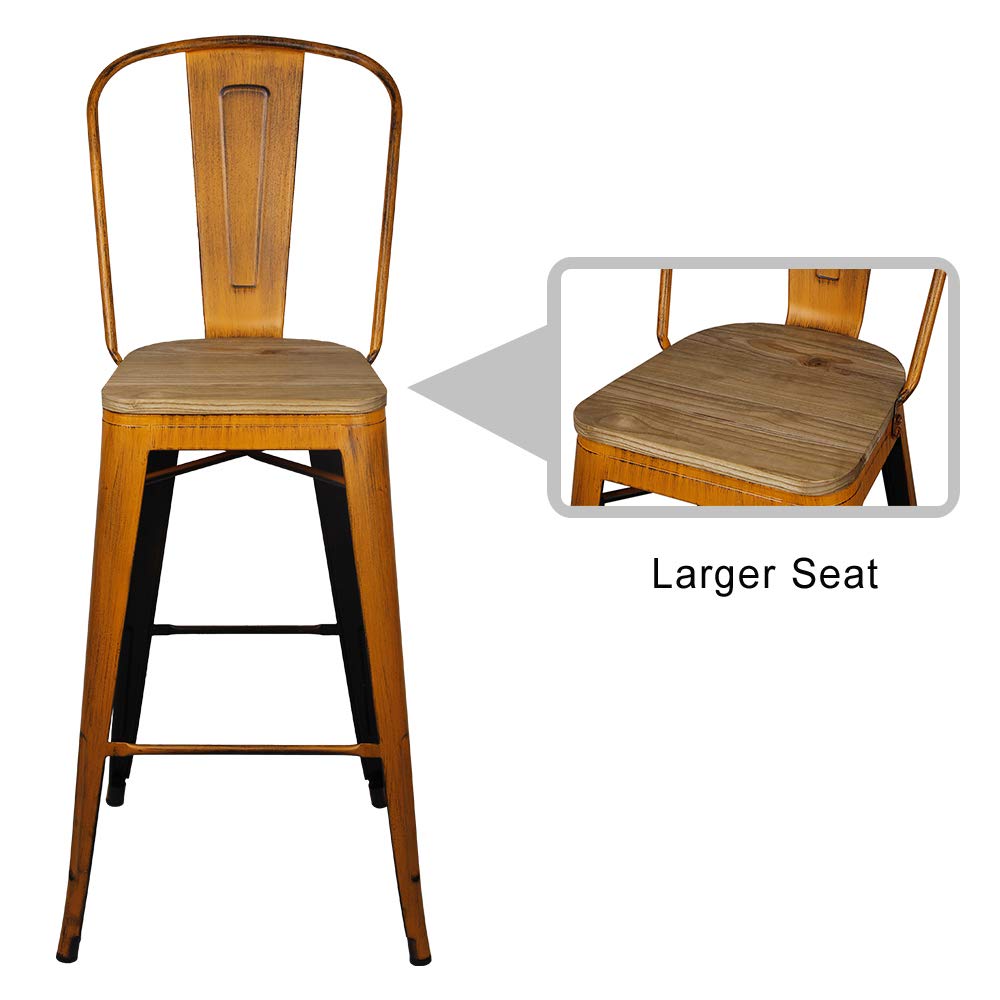 GIA High Back Armless Metal Bar Stools with Light Wood Seat - Set of 4 Antique Orange Counter Height Chairs for Kitchen Island, Breakfast Nook & Home Bar Decor