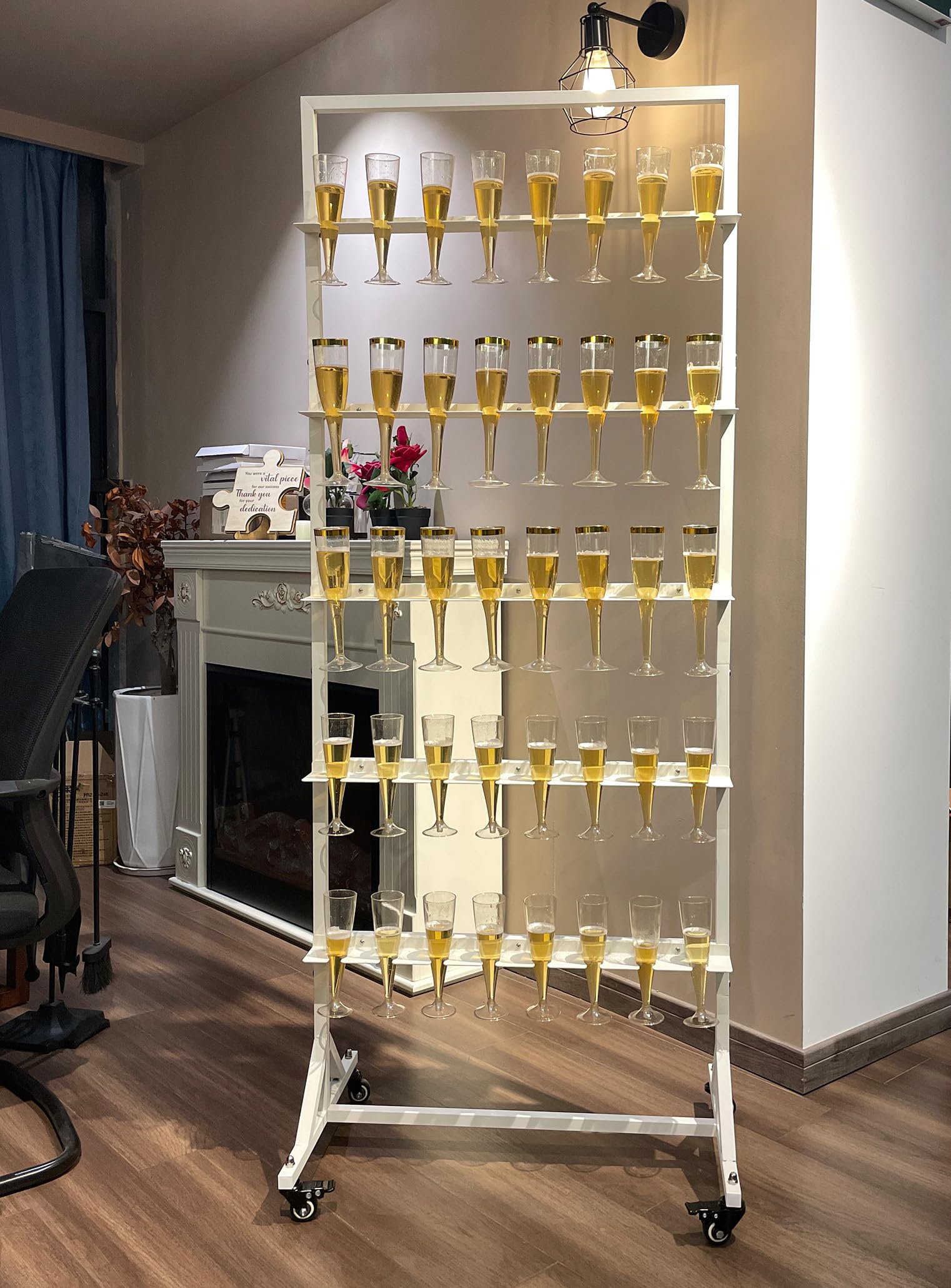 5-Tier Metal Champagne Wall Holder for Party - Holds 40 Glasses with Swivel Casters | Wedding, Birthday & Event Champagne Flute Display Stand (White, Glasses Not Included) - Perfect for Wedding Receptions, Bridal Showers & Cocktail Parties