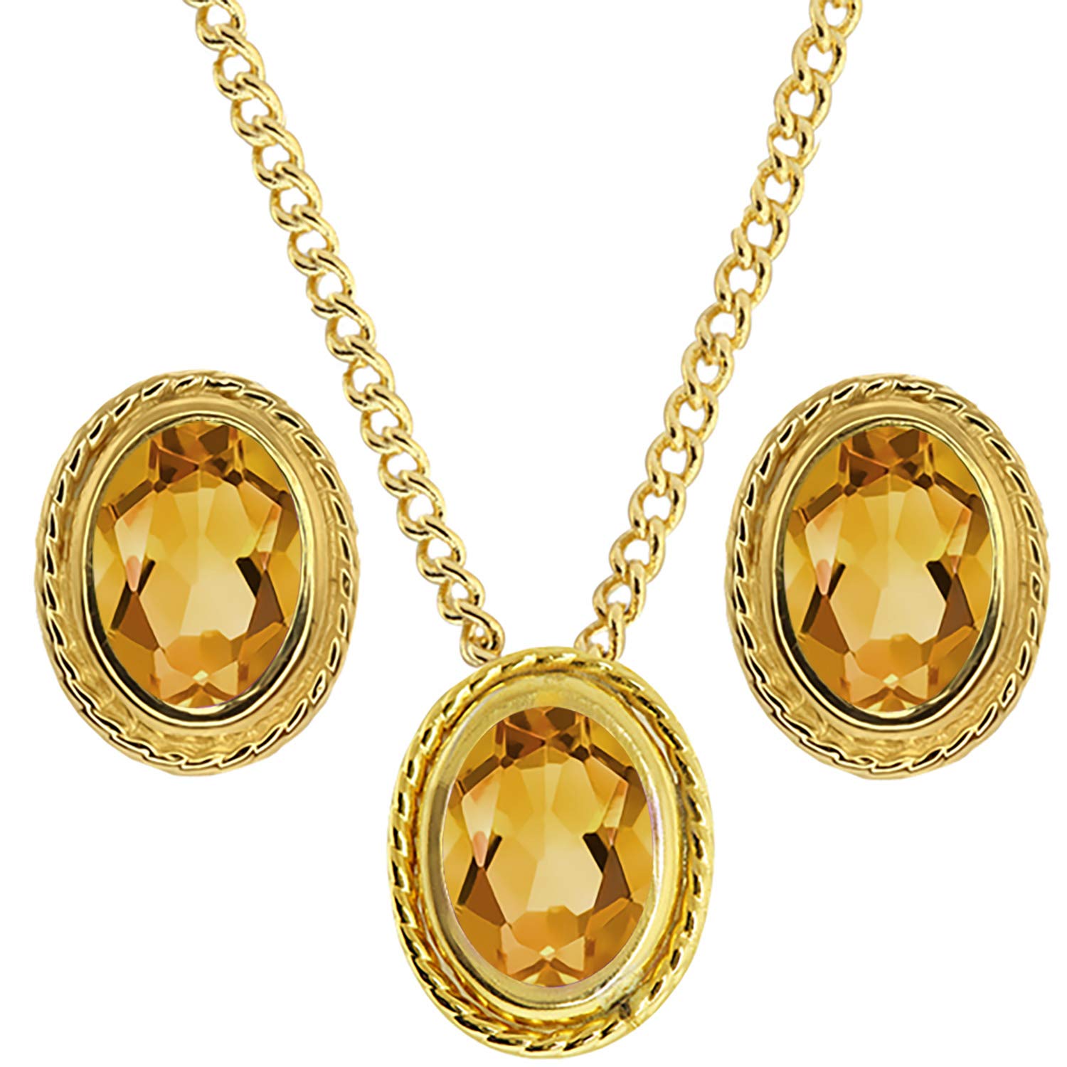 2.00 Ct Oval Yellow Citrine 18K Gold Plated Silver Pendant & Earrings Set - Elegant Gemstone Jewelry for Women, Gift for Birthday, Anniversary & Special Occasions