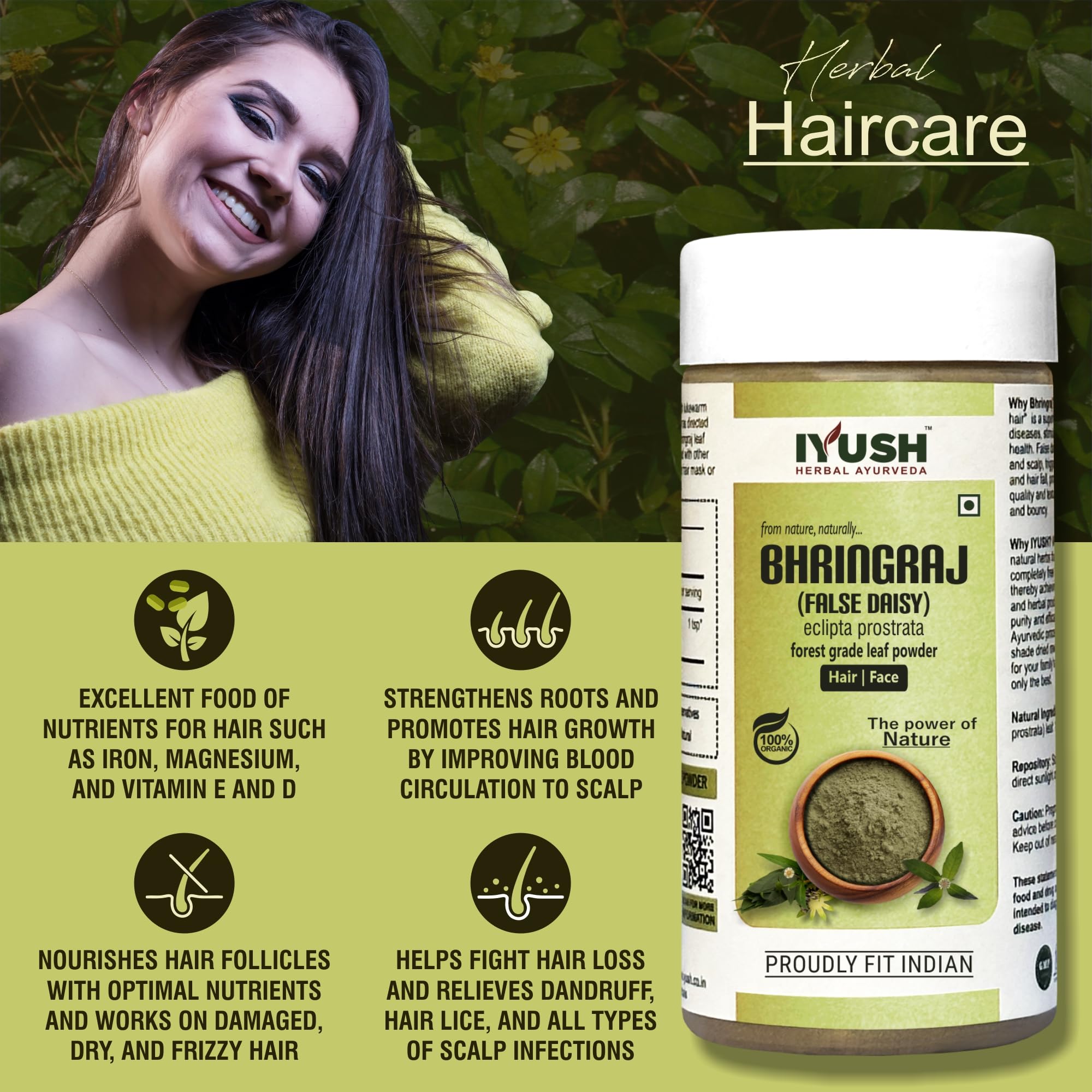 IYUSH Ayurvedic Bhringraj Powder (Eclipta Prostrata) for Hair Growth & Skin Care – 100g | Natural Herbal Remedy for Thicker Hair & Glowing Skin | Perfect for DIY Hair Masks & Ayurvedic Beauty Routines