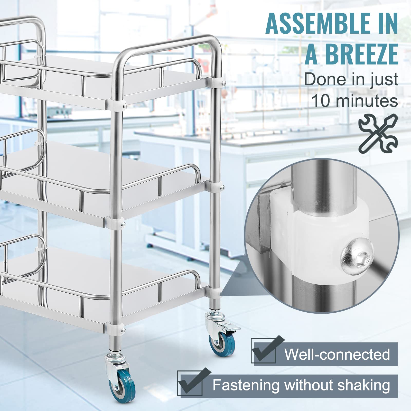 VEVOR 3-Tier Stainless Steel Utility Cart with Wheels - Heavy Duty Rolling Cart for Commercial Kitchen, Restaurant, Medical, Dental & Lab Use - Mobile Serving Cart for Catering, Dining & Hospital Services