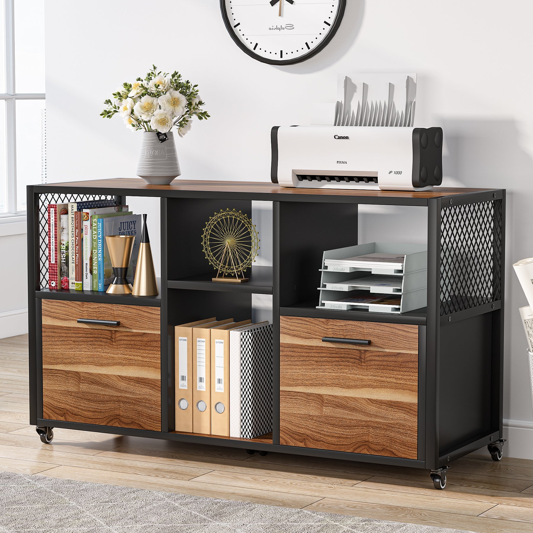 2 Drawer Wooden Mobile Lateral File Cabinet - Office Storage Solution for Documents & Files - Perfect for Home, Office & Workspace Organization