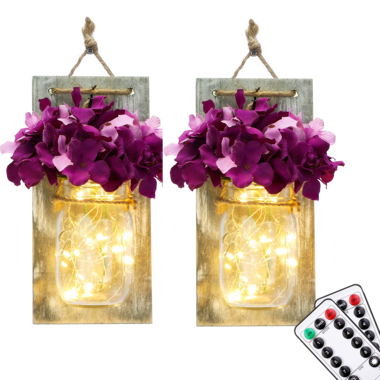 LIGHTESS Mason Jar Wall Lights with Remote Control - Set of 2, Battery Powered LED Fairy Lights with Purple Flower Decor, Rustic Farmhouse Wall Sconces for Bedroom, Living Room, and Wedding Decor | SYA11