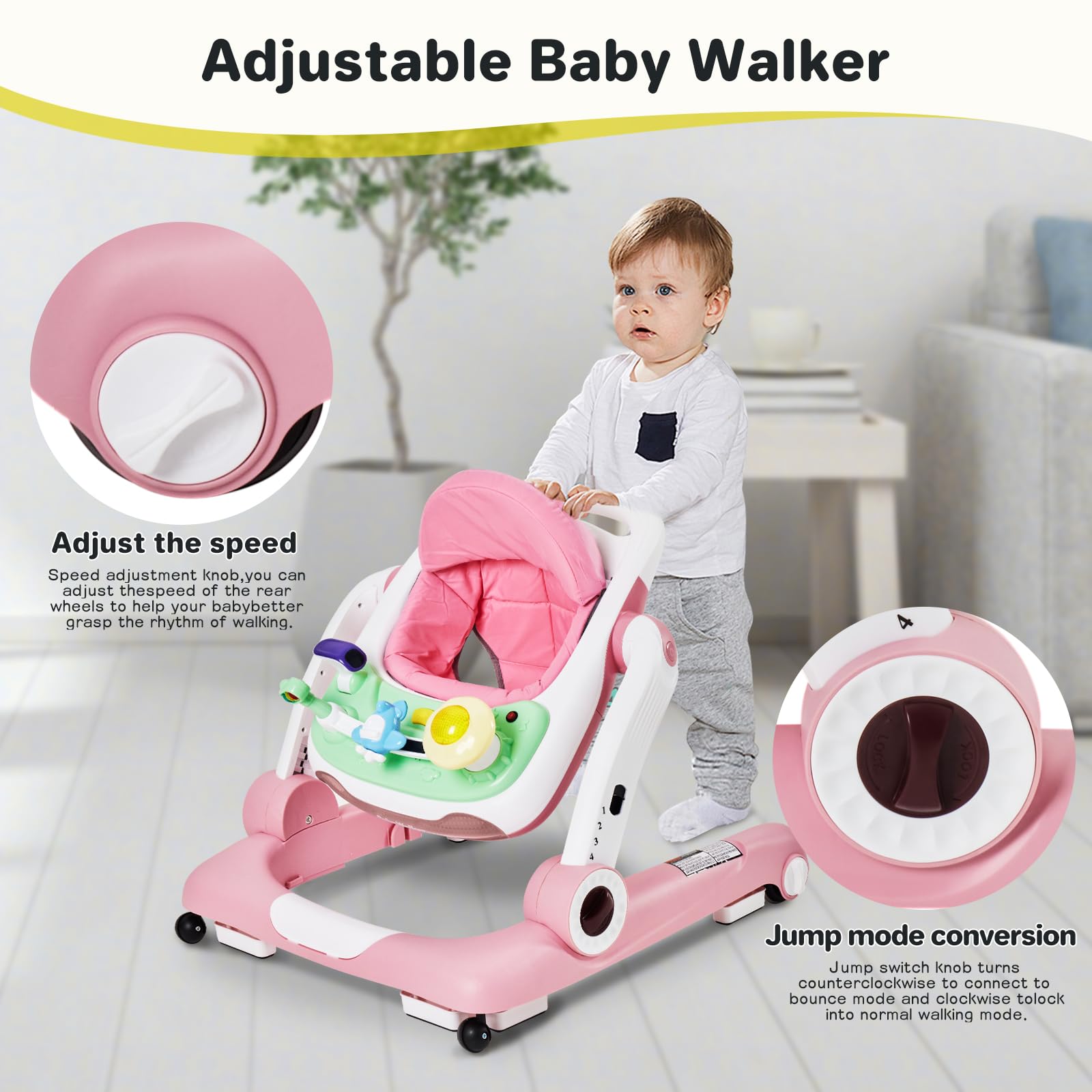 5-in-1 Baby Walker with Wheels - Adjustable Height & Speed, Music & Lights Activity Center for Infants 6-18 Months | Push Walker, Bouncer & Jumper for Boys & Girls | Perfect for Learning to Walk, Playtime & Early Development