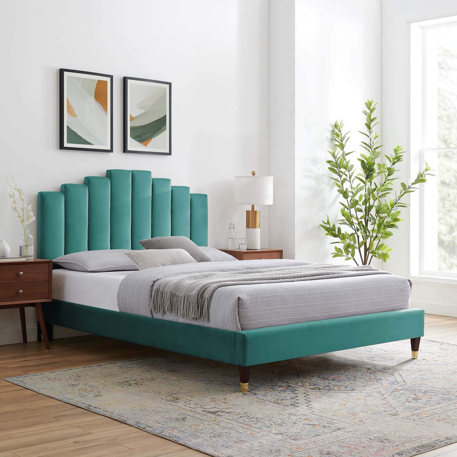 Modway Elise Channel Tufted Performance Velvet Full Platform Bed - Teal Upholstered Bed Frame with Gold Metal Legs | Modern Bedroom Furniture for Master Bedroom, Guest Room & Apartment