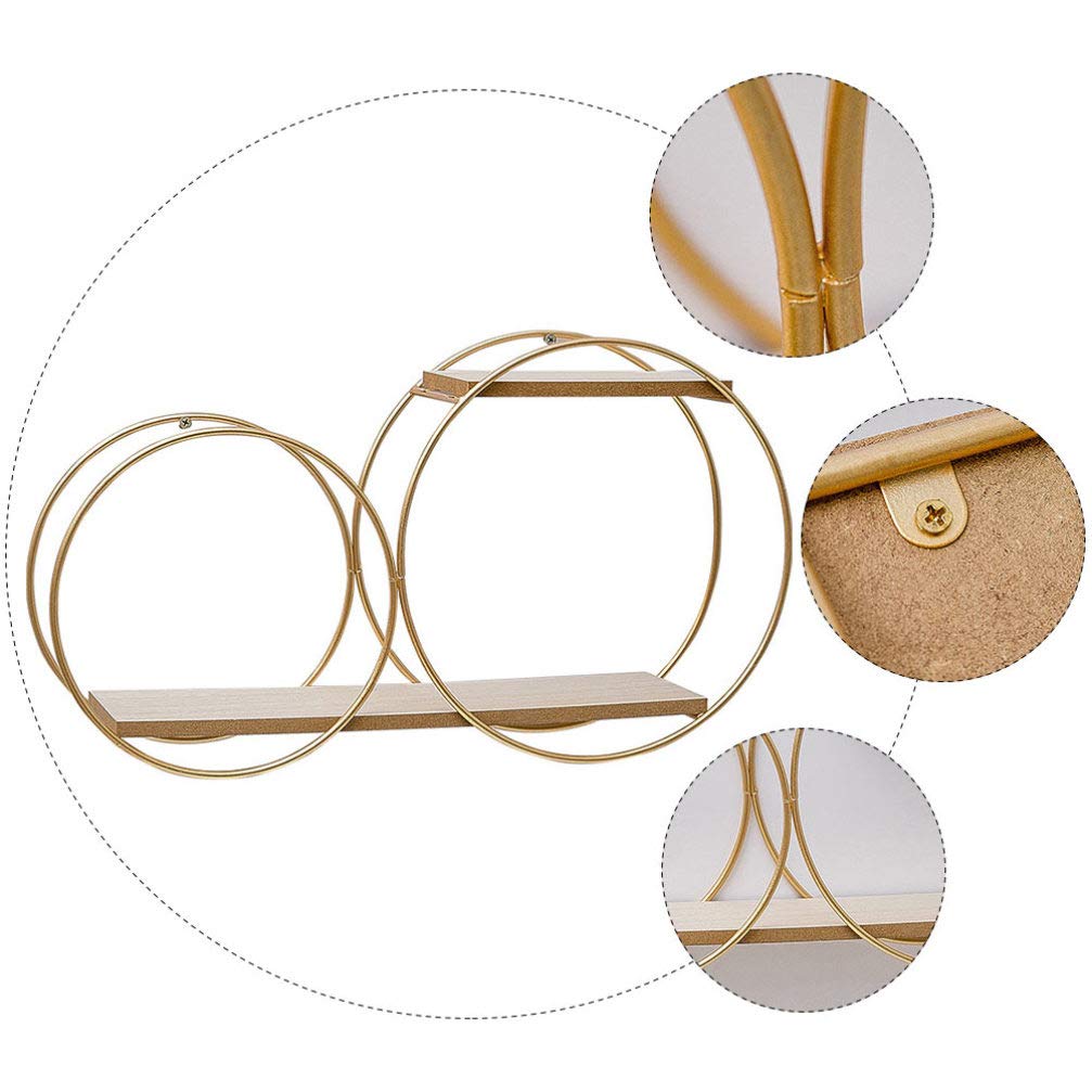 Modern Circular Floating Shelf Wall Mount - Metal Storage Display Rack with Wooden Base for Bedroom, Kitchen, Living Room, Office & Dorm | Golden Metal Wall Shelves for Home Organization & Decor