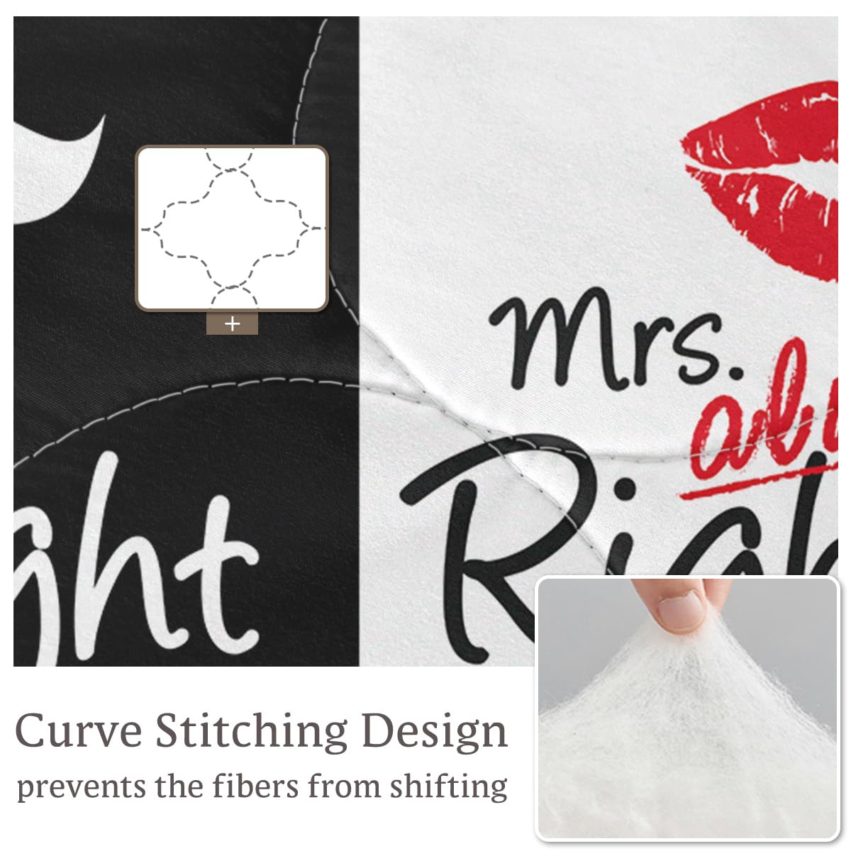 Sleepwish Black & White Queen Comforter Set - Funny Mr. Right & Mrs. Always Right Design with Lip & Beard Print - 4 Piece Bedding Set for Couples - Perfect for Anniversary Gifts & Romantic Bedroom Decor